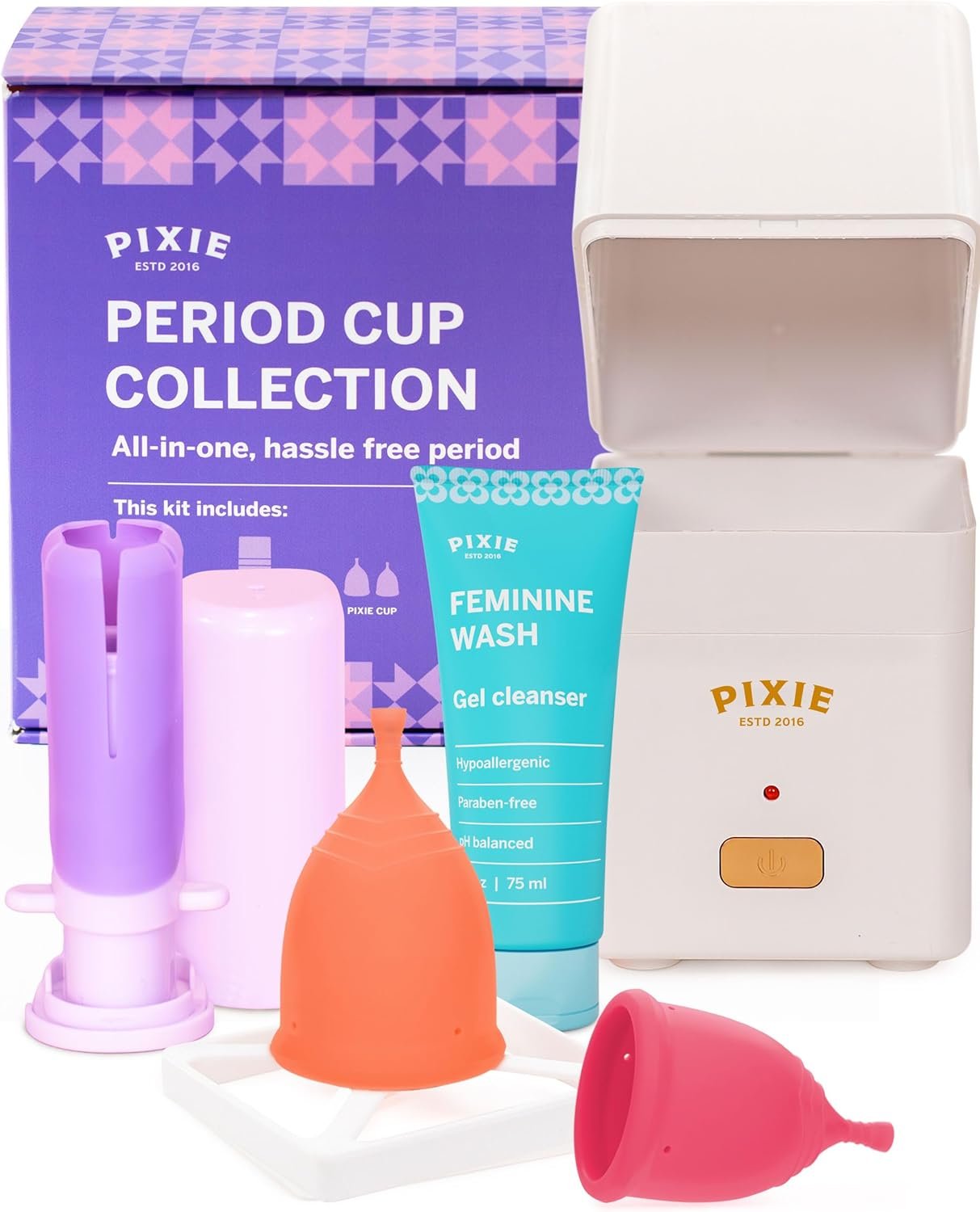 Pixie Menstrual Cup Collection – Inserts Like a Tampon™ – 2 Reusable Period Cups with Applicator, Sterilizer, Feminine Wash & Totes – All-in-One Easy Period Solution for Feminine Care