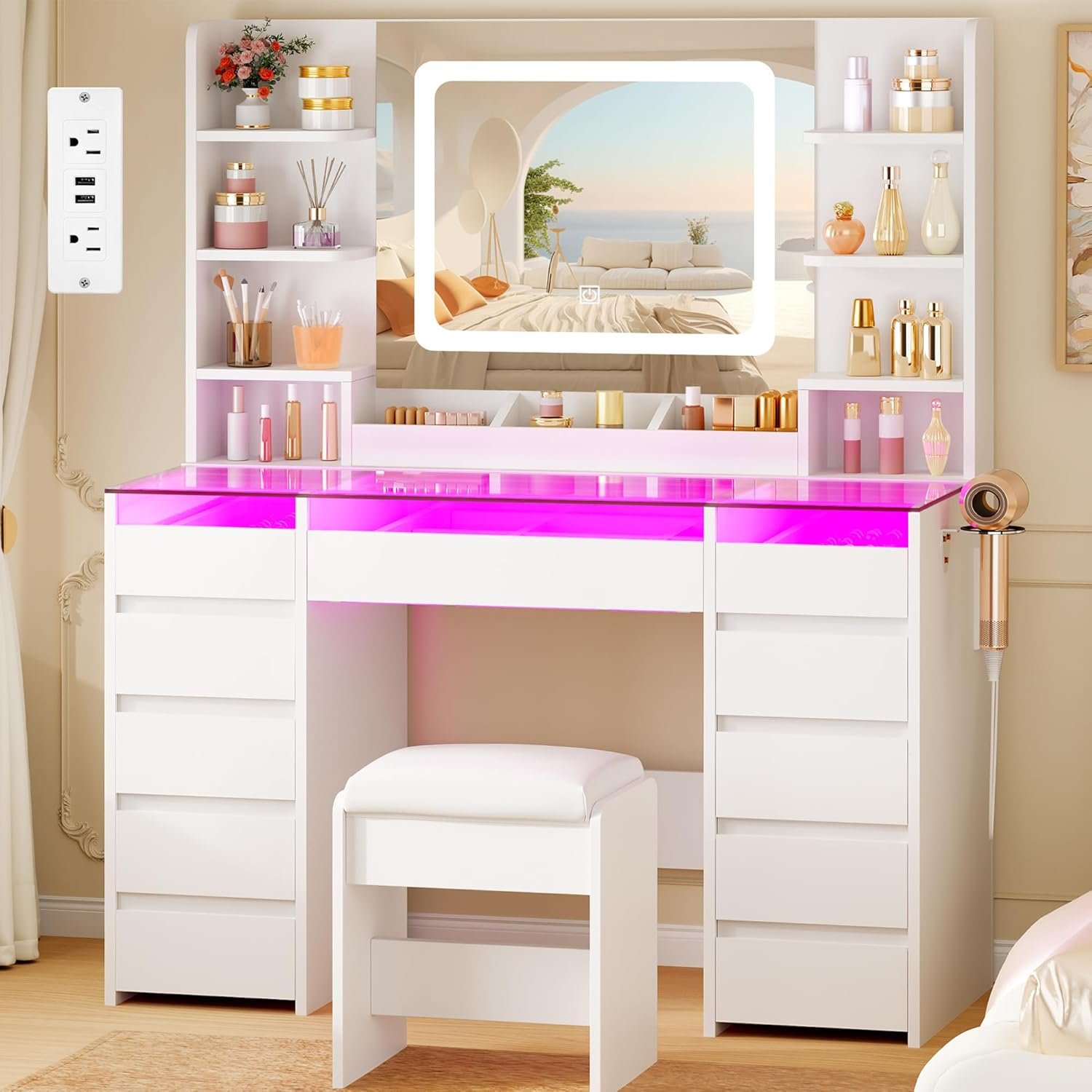 Vanity Desk with Mirror and Lights 3 Colors,Makeup Vanity Table with Glass Top,11 RGB Drawers,6 Shelves,White Makeup Desk with Power Outlet,Stool,Large Dressing Table for Bedroom UXFST002W