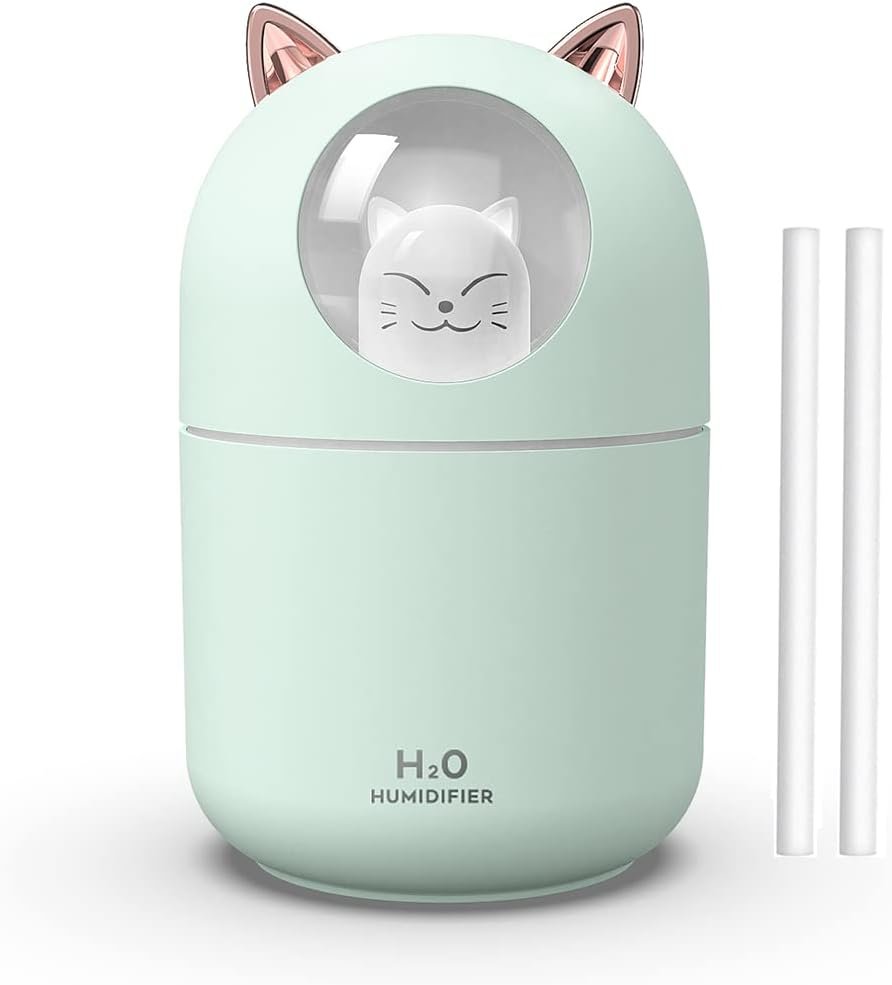 Portable 300ml Mini Cool Mist Humidifier With Night Light, USB Auto Shut-Off, Ultra-Quiet, 2 Spray Modes for Home Office Travel (Green)