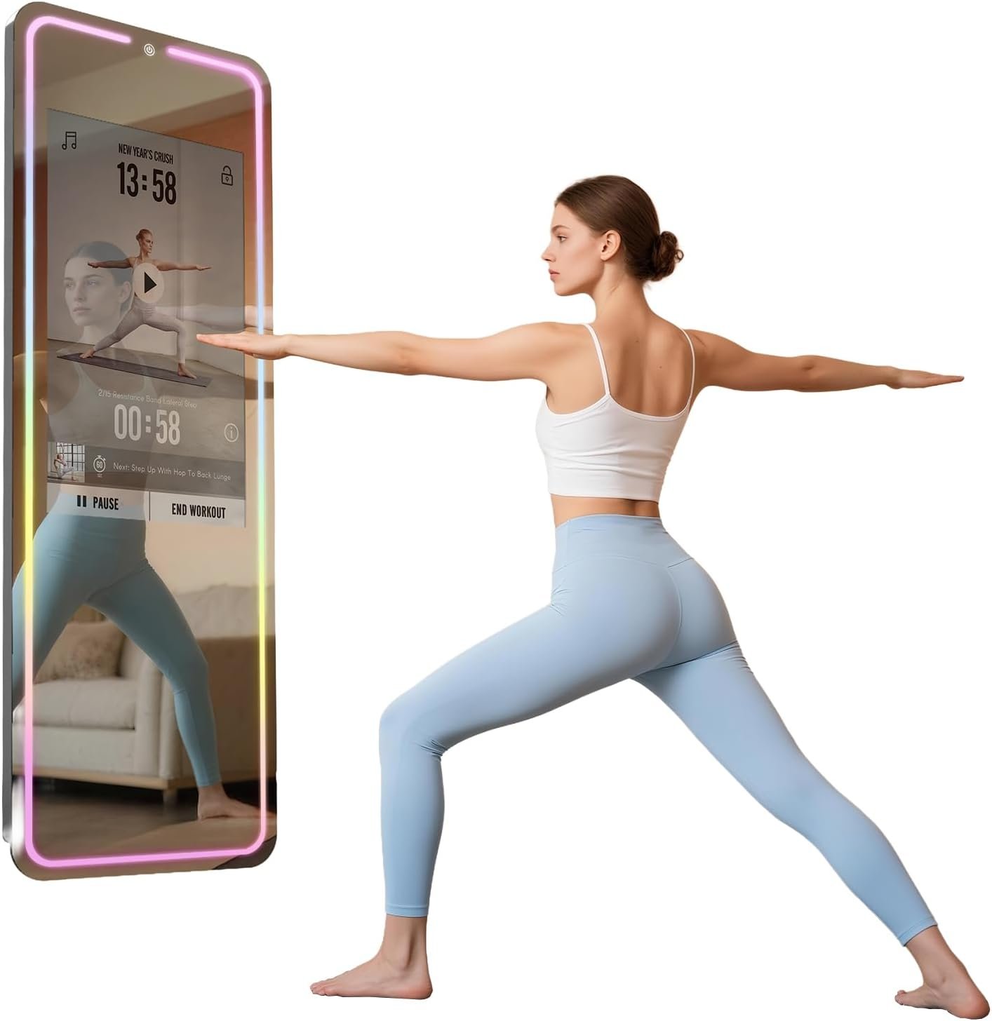 Smart Gym Mirror for Home Workout | 32″ HD Touch-Screen Andriod OS | 63″ Reflective Surface | No VIP Fees Support Various APPs, Music Sync LED Light Strip, for Home Gym/Yoga/Dance