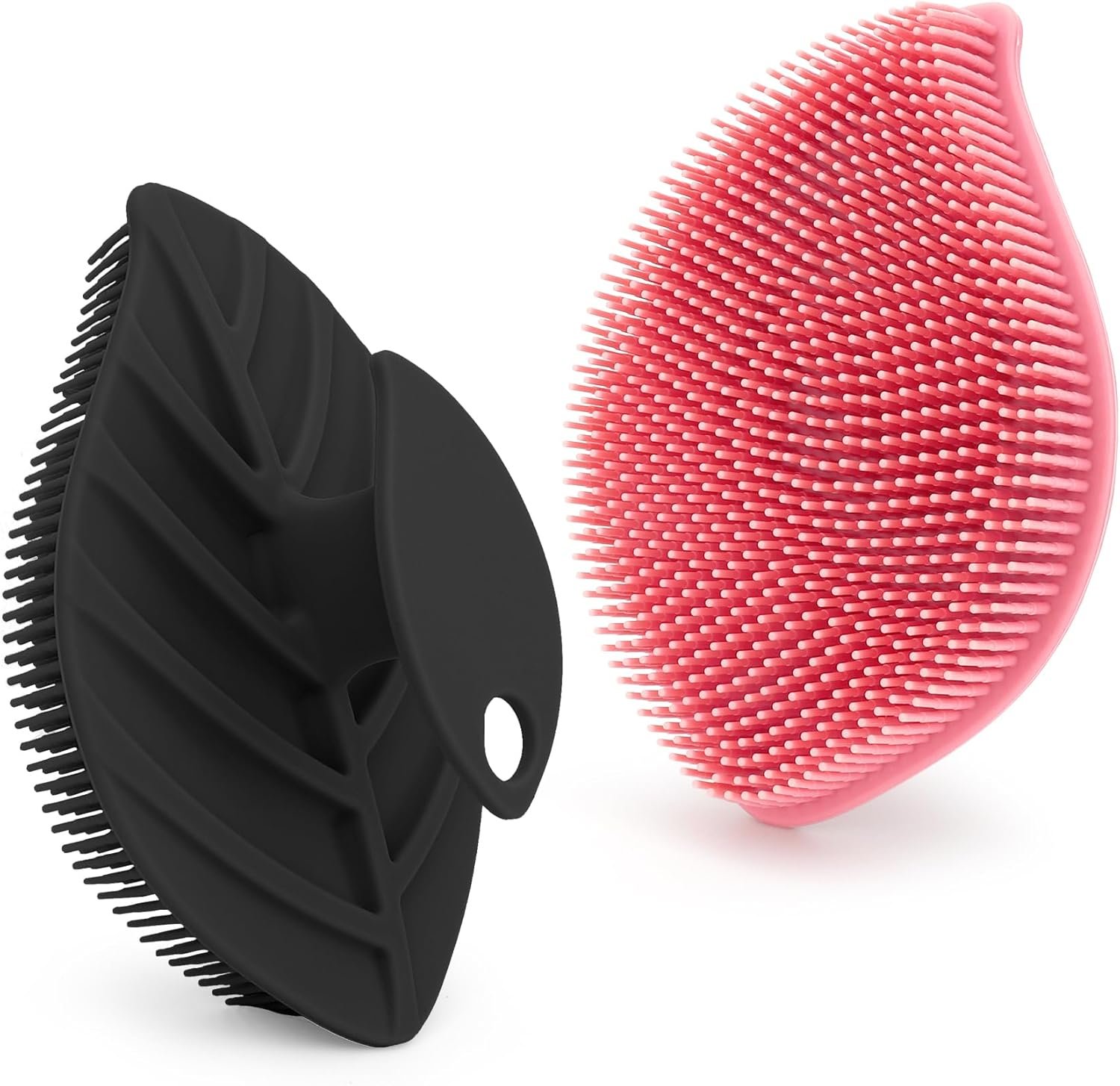 2 Pack Silicone Body Scrubber, Soft Silicone Loofah, Gentle Exfoliating Body Scrubber for Sensitive Skin, Leaf Shaped Shower Scrubbers, Silicone Scrubbers Body Brush for Women Men (Pink & Black)