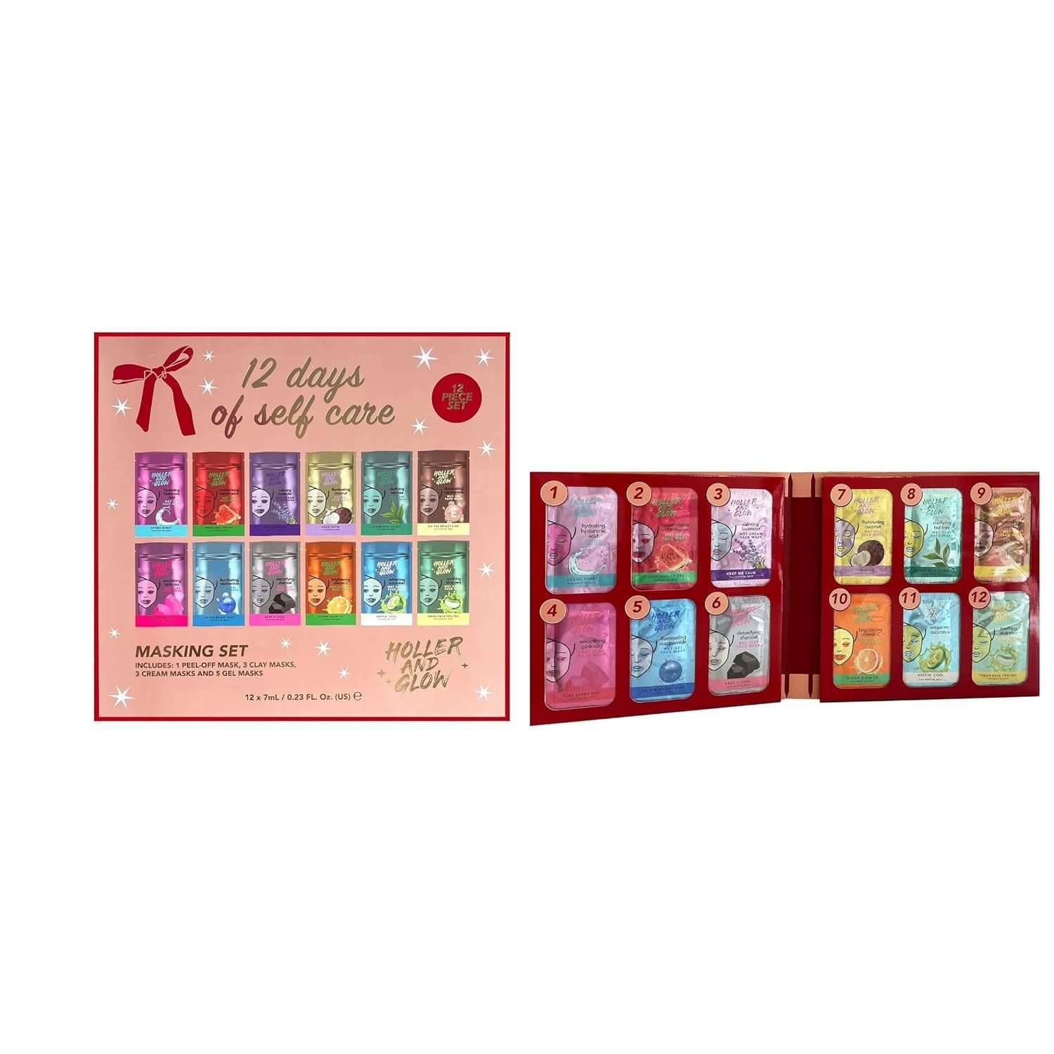 Holler And Glow 12 Days of Self Care Facial Mask Set, Valentine’s, Hydrating Hyaluronic Acid, Moisturizing, Calming, Illuminating, Smoothing, Detoxifying, Brightening Vitamin C, 12 Piece Gift Set