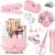 SKYDUE Pink Desk Accessories 10Pcs, Rotating Pen Holder for Desk, Stapler, Staple Remover, Tape Dispenser,2pcs Tape Refills, Binder Paper Clips Kit, Scissor,Pink Office School Supplies