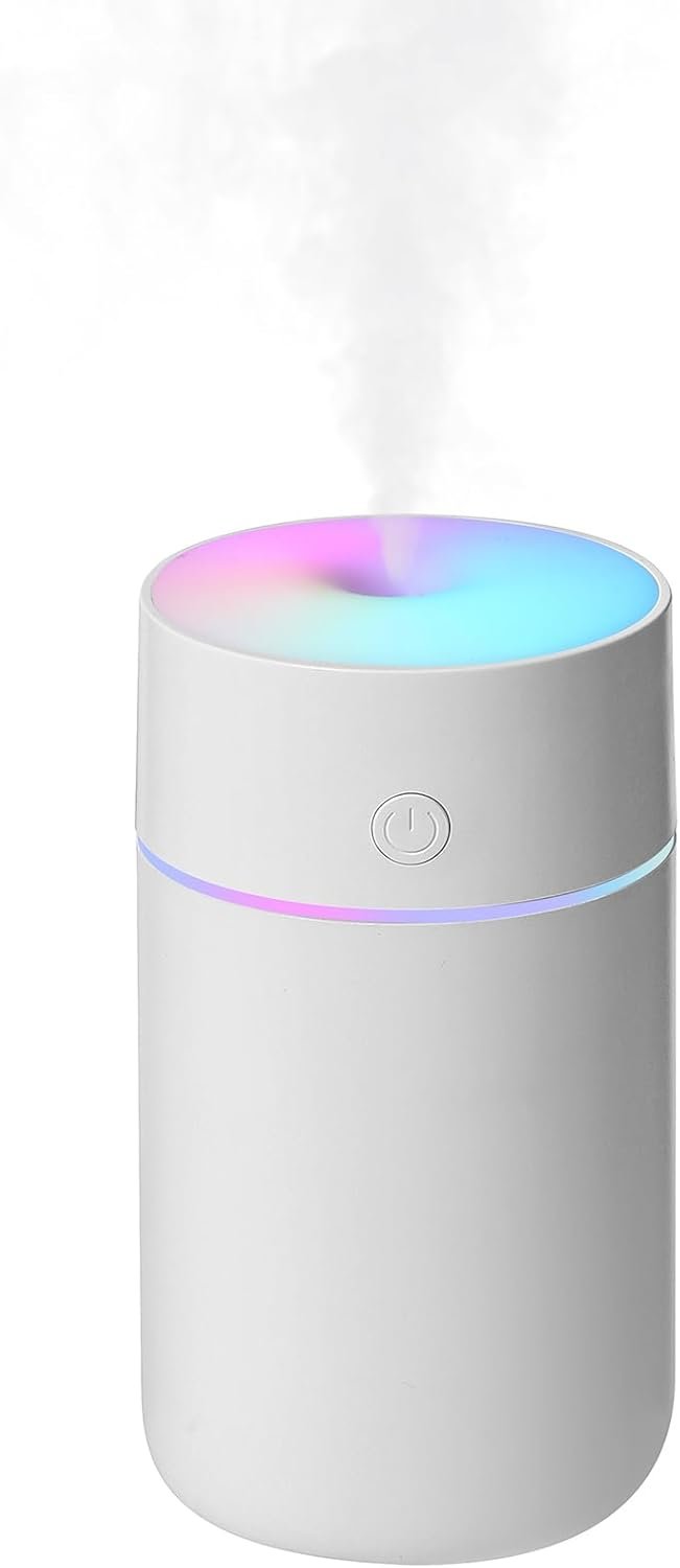 HODEMI Portable Mini Humidifier – Recharge Small Personal Desk Cold Mist Air Humidifier with Adjustable Colorful Atmosphere Light and 4/8 H Timer Sprays Modes for Car, Bedroom & Office (White)