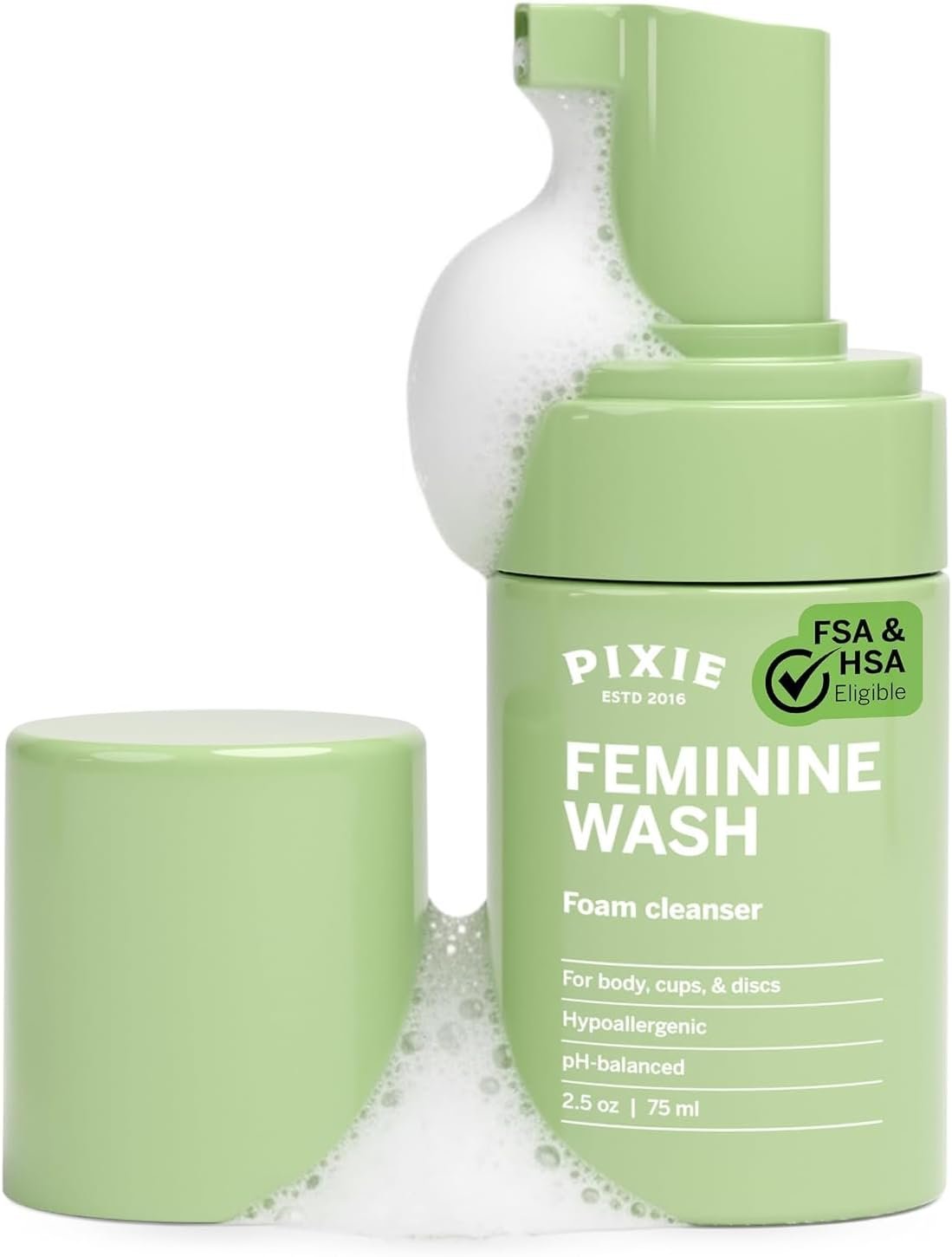 Pixie Feminine Wash – Healthy Foaming Cleaner with Natural Ingredients – More Foam Wash in Bottle Than Any Other Brand – pH Balanced & Plant Based – for Your Menstrual Cups and Discs, 2.5 Fluid oz