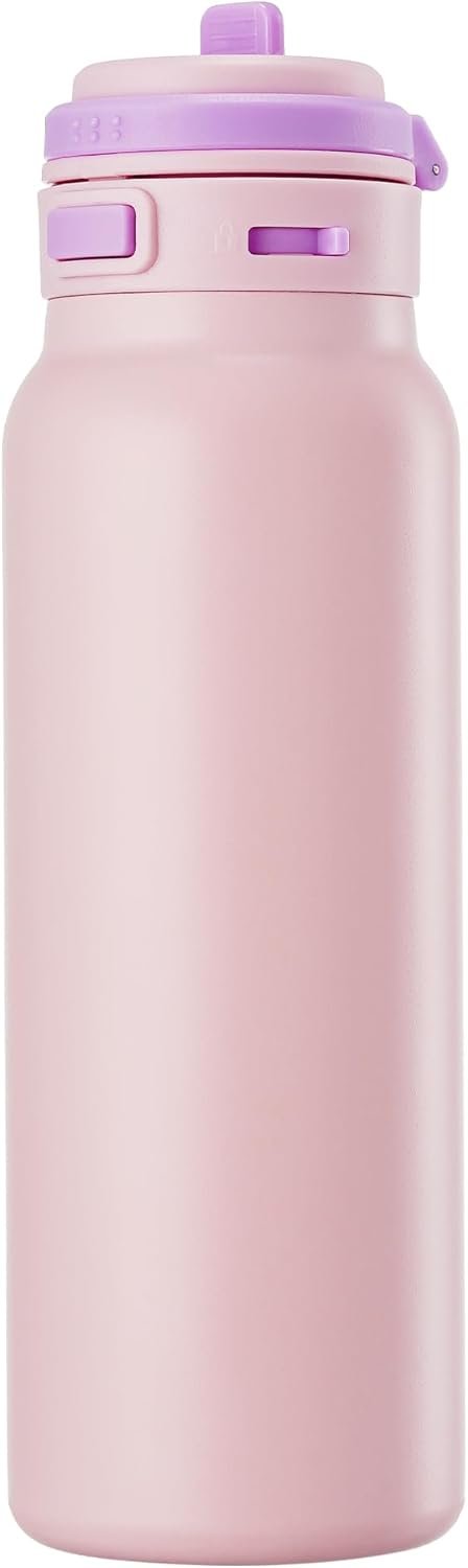 Fijinhom 24 oz Insulated Water Bottle, 2-in-1 Stainless Steel with Straw and Spout, Leak Proof, 304 Stainless Steel with Wide Mouth, Double Wall Vacuum for Outdoors, Sports, Travel, Work (Pink)