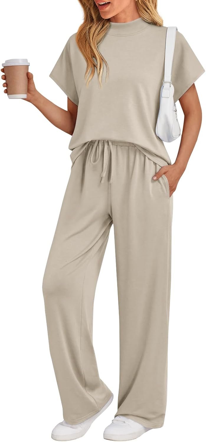 AUTOMET Women’s 2 Piece Matching Lounge Sets 2026 Summer Mock Neck Sweatsuits Short Sleeve Loungewear Travel Outfits