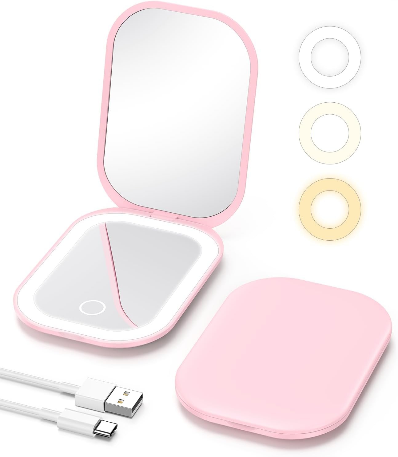 Gospire Lighted Travel Makeup Mirror with Light and Magnification 1X/3X, Stepless Dimming and Three-Color Adjustable Lights, Rechargeable Battery and Compact Size for Purse and Portable Use – Pink