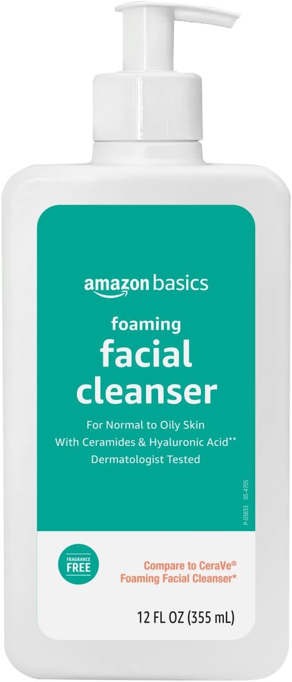 Amazon Basics Foaming Facial Cleanser with Ceramides & Hyaluronic Acid, Gentle Daily Face Wash, Non-Comedogenic, Fragrance-Free, 12 fl oz