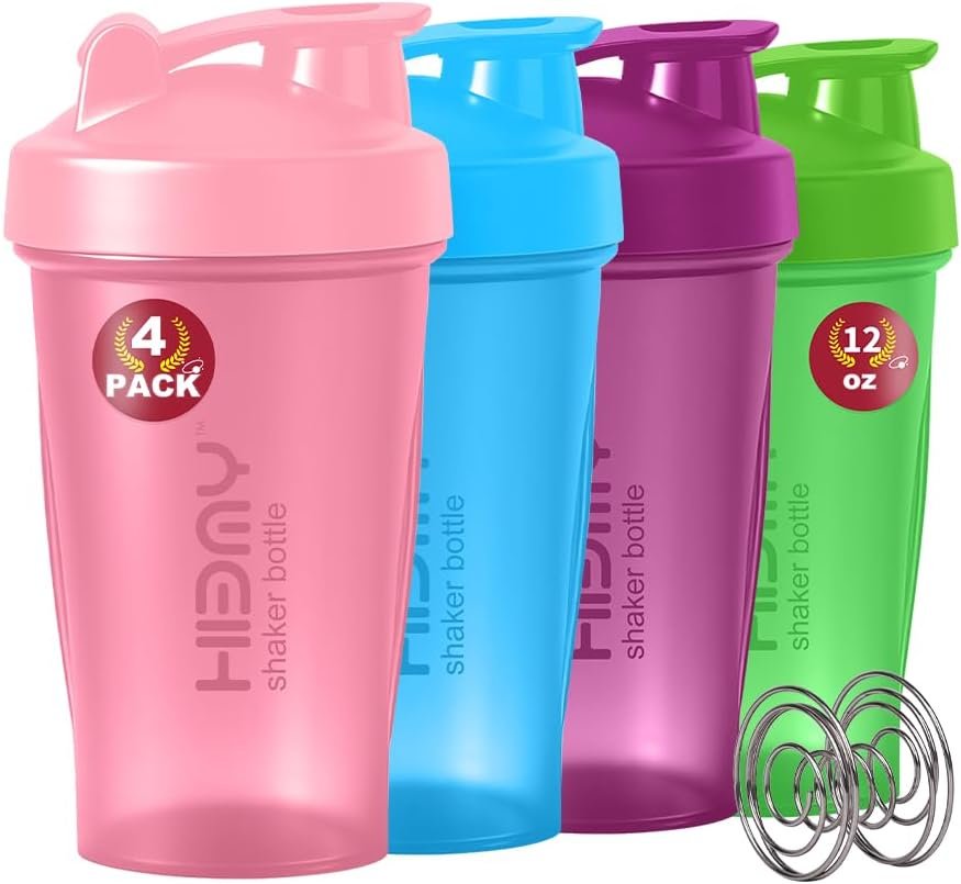 [ 4 Pack 400 ml | 12 oz Protein Shaker Bottles for Protein Mixes, 4 x Whisk Ball | Shaker Cups for Protein Shakes | BPA Free, 100% Leak Proof | Protein Shake Bottle (C) Pink/Blue/Purple/Green