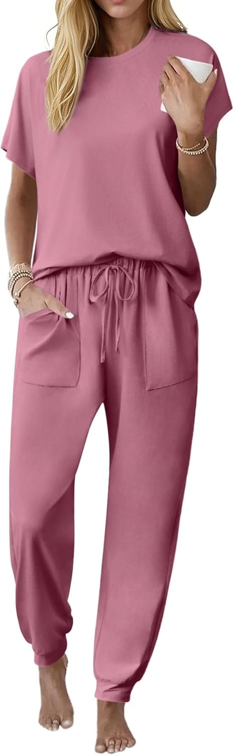 Ekouaer Womens Pajama Sets Short Sleeve Pj Top With Jogger Pants 100% Cotton Pajamas 2 Piece Lounge Set with Pocket
