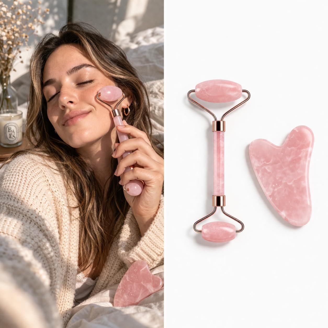 Face Roller & Gua Sha Set for Facial Massage, Reduce Puffiness & Wrinkles, Cooling Skin Care Tool for Face Neck Eyes, Relaxing Self Care Beauty Gift