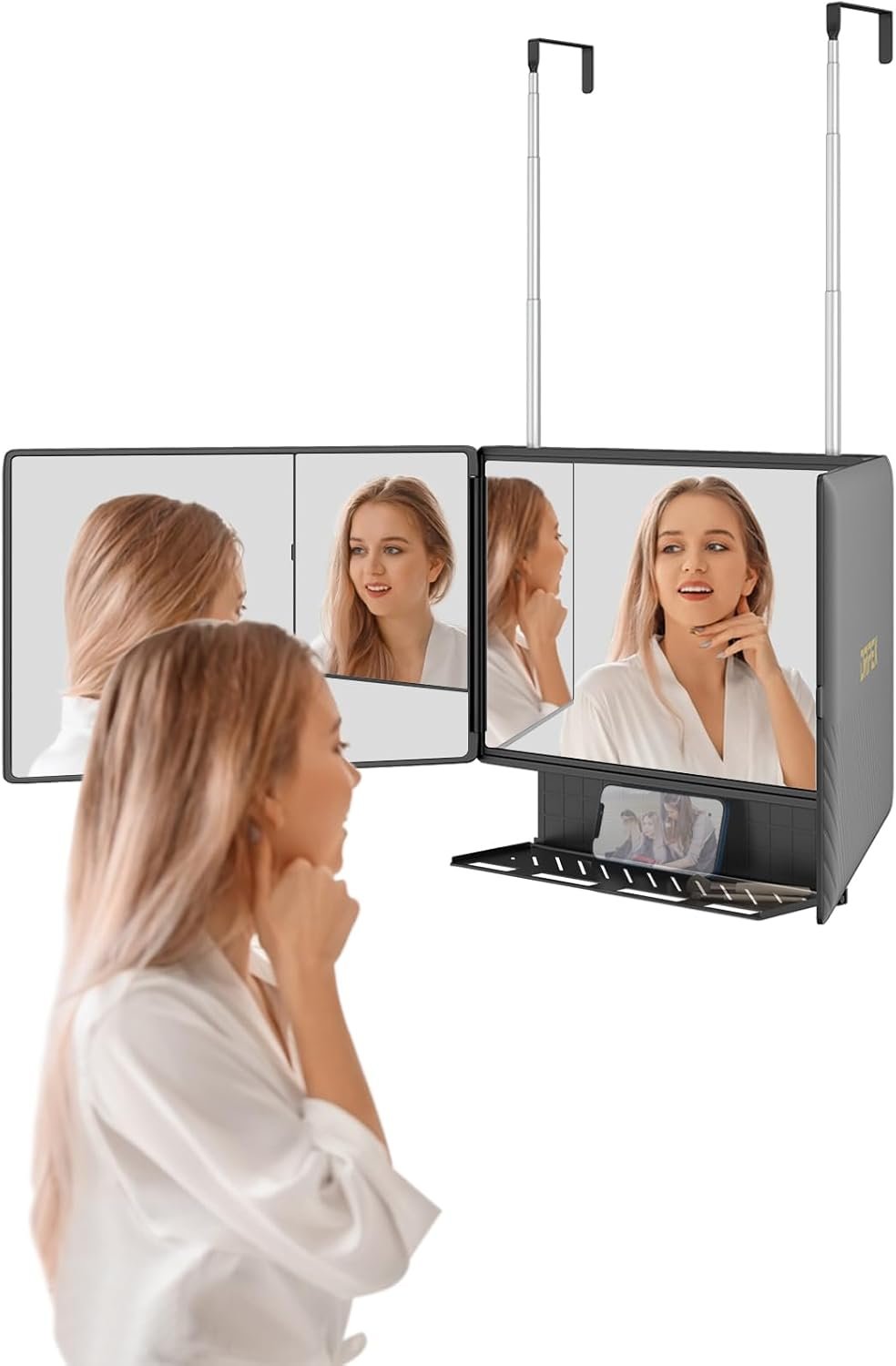 Dripex 3 Way Mirror with Storage Shelf, Trifold Self Haircut 360° Barber Mirror with Height Adjustable Hooks for Makeup, Styling, Shaving, Braiding, Dye Hair