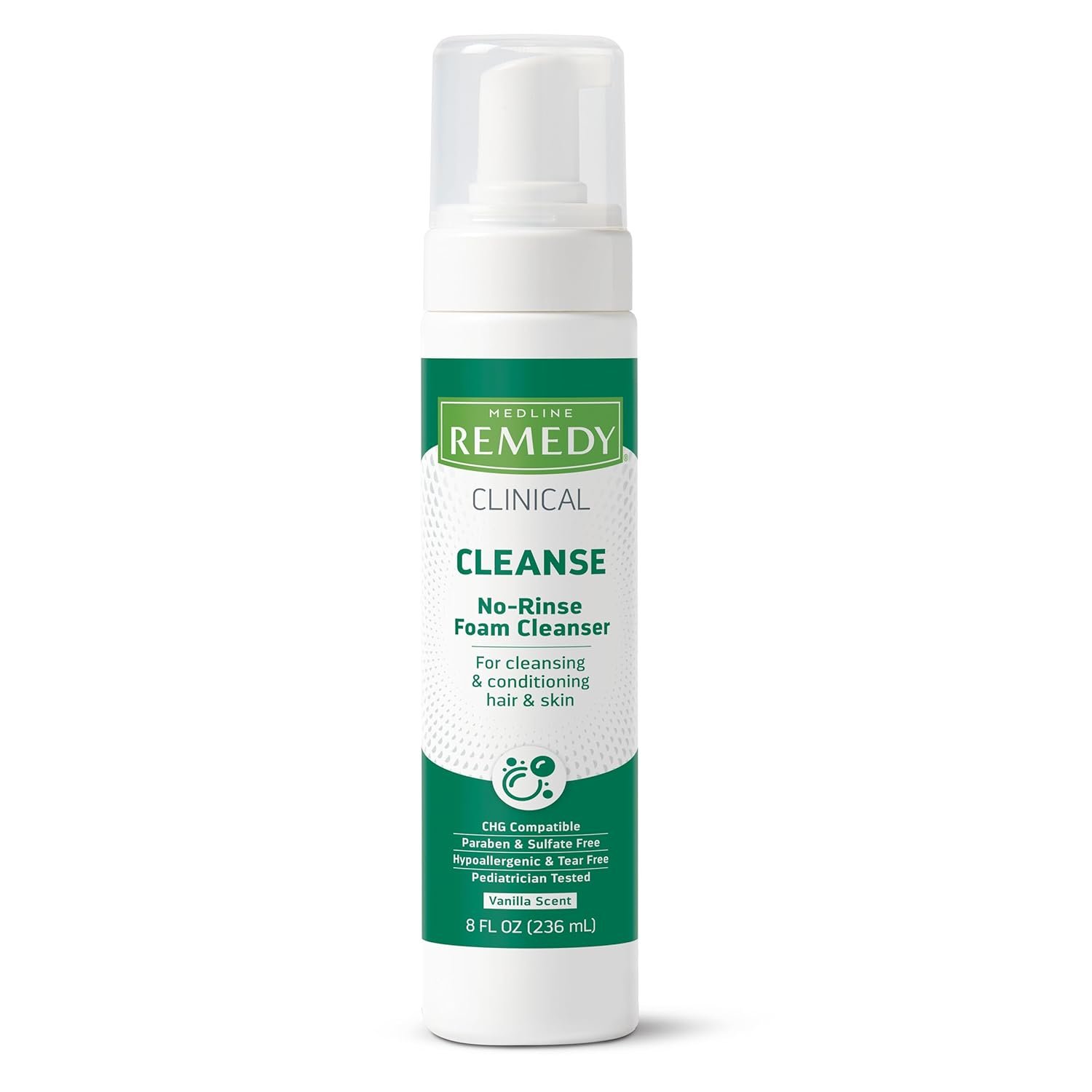 Medline Remedy Clinical No-Rinse Foam Cleanser, Vanilla Scent (8 fl oz), No Rinse Shampoo and Body Cleanser for Sensitive Skin, Hydrating, Paraben and Sulfate Free, For Face, Body, and Hair, All Ages