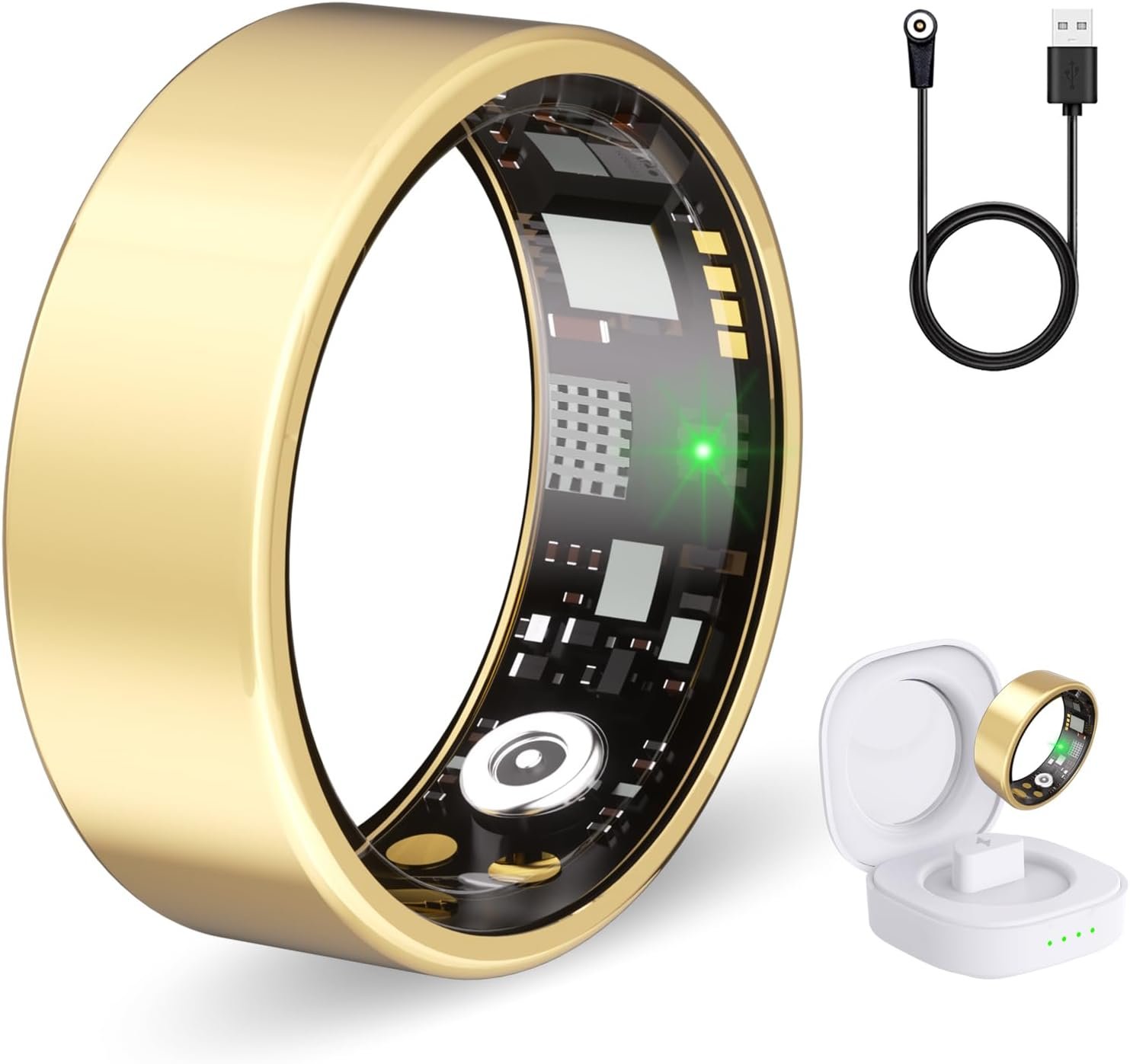 Smart Ring Health Tracker for Women & Men, Fitness Ring with Heart Rate Blood Oxygen, Sleep Monitor, Step Tracker, IP68 Waterproof Compatible with iOS & Android, No Subscription Fee (Gold, 9)