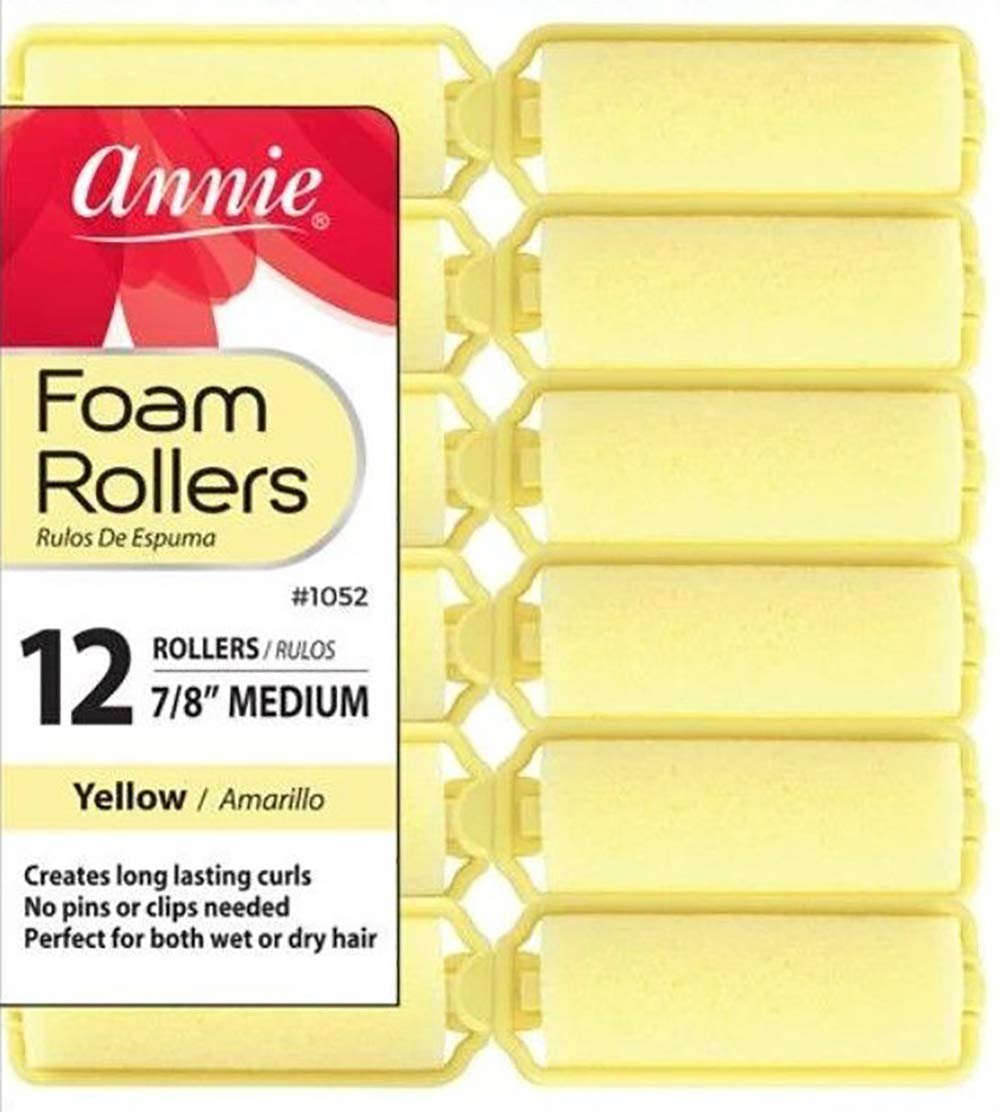 Annie Foam Hair Rollers 7/8 Inch Medium, 12 Count Yellow Soft Sponge Curlers for Heatless Curls, No Pins or Clips Needed, For Wet or Dry Hair, Tight Defined Curls