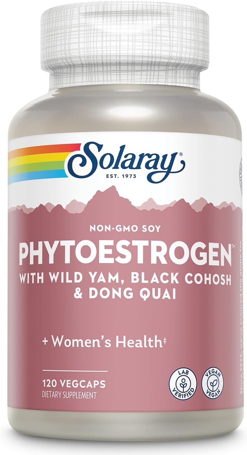 SOLARAY PhytoEstrogen Menopause Supplements – Wild Yam, Black Cohosh, and Dong Quai Estrogen Pills for Women’s Health – Vegan, Lab Verified, 60-Day Guarantee (30 Servings, 120 VegCaps)