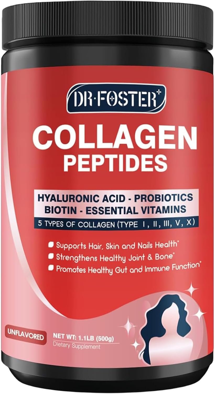 DRFOSTER Multi-Collagen-Peptide-Powder with Probiotics, 50 Servings of Hydrolyzed Collagen Peptides with Hyaluronic Acid, Biotin & Multivitamins – Supports Skin, Hair, Nails Health