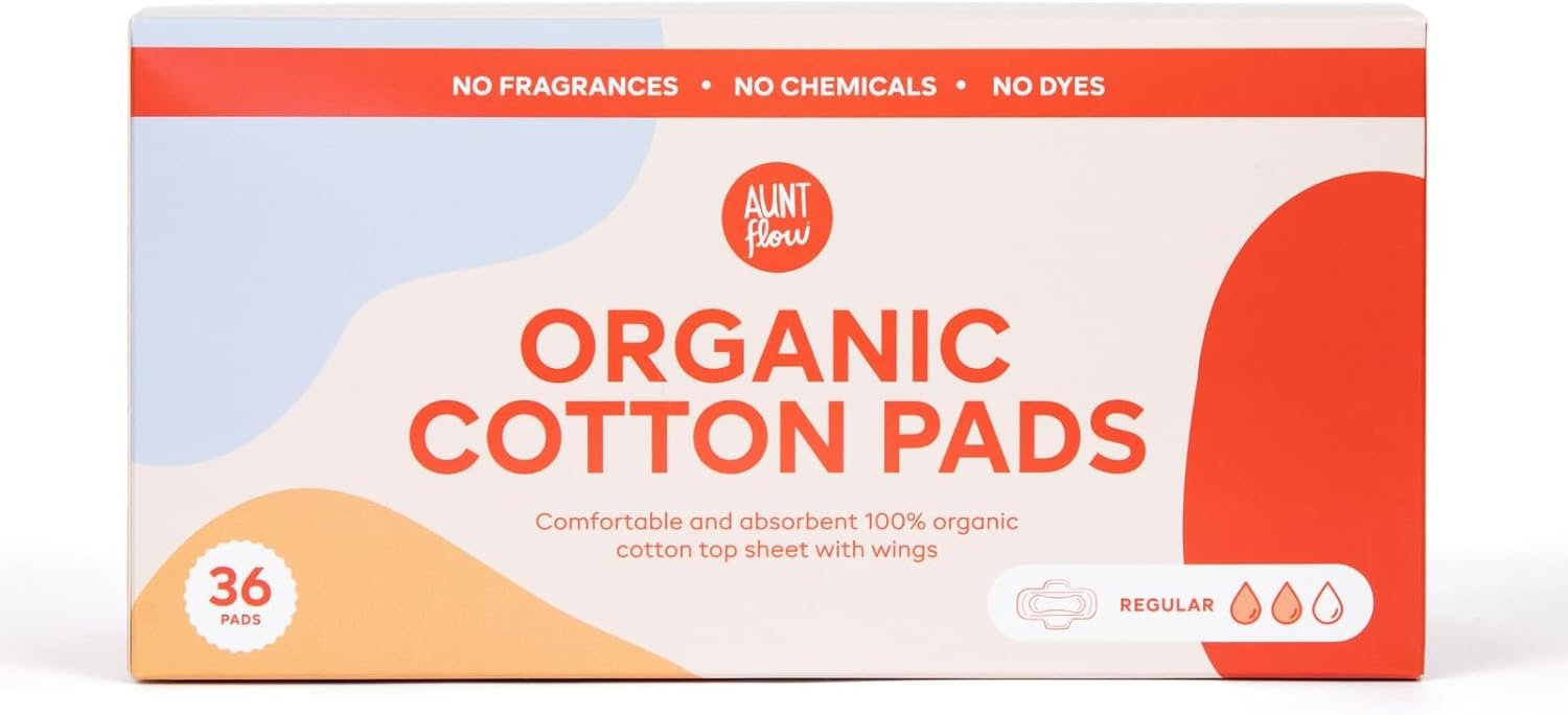 Aunt Flow Organic Cotton Pads with Wings – Regular Absorbency Menstrual Pads, Dioxin-Free, Hypoallergenic, 36 Count