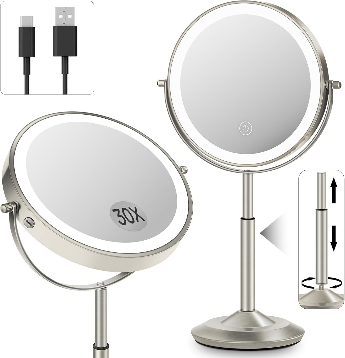 vpu Makeup Mirror with Lights, 1X/30X Lighted Magnifying Mirror Height Adjustable, 3000mAh Rechargeable Double Sided Vanity Mirrors with 3 LED Lighting and Adjustable Brightness for Desk Women Gift