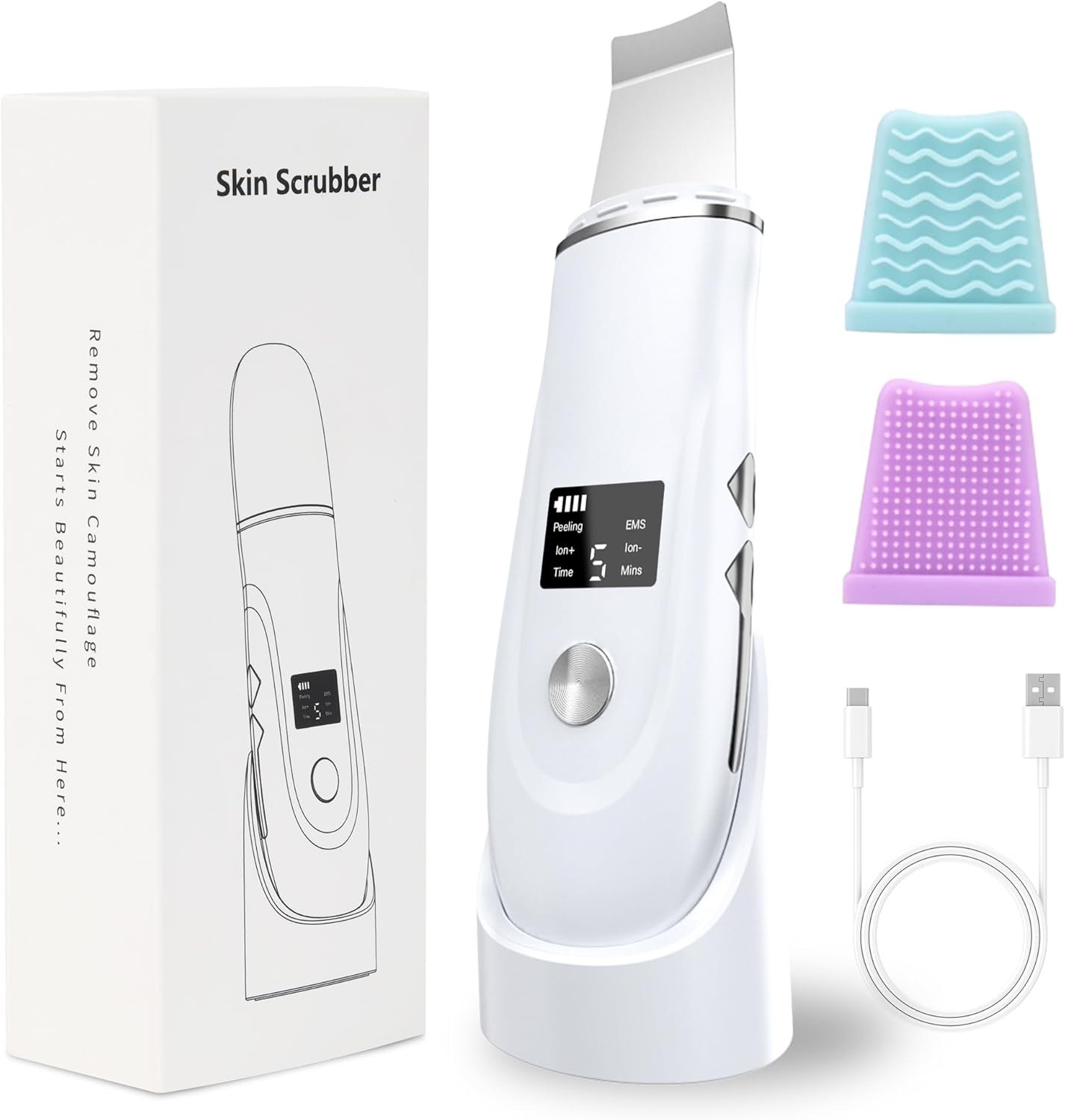 Face Scrubber Skin Spatula – Blackhead Remover Deep Cleansing Tool for Pore Extraction, 4-in-1 Fast Charging Dock Blackhead Remover Face Spatula for Facial Skincare Women Gift (White)
