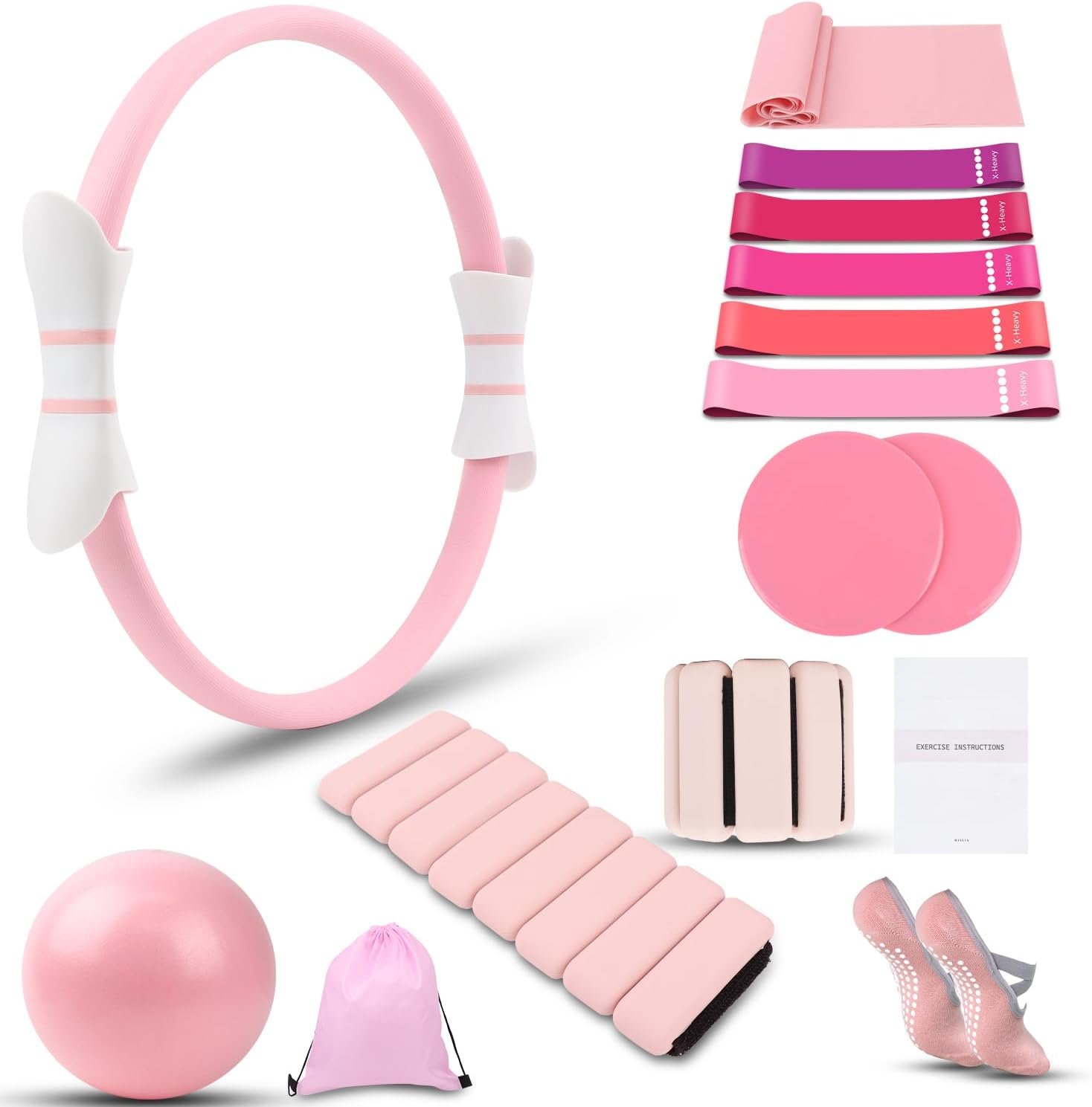 16 PCS Pink Pilates Ring and Ball Set for Women with 15″ Magic Circle, Home Pilates Equipment Kit with Adjustable 1LB Ankle Wrist Weight, Resistance Band, Gliding Discs, Pilates Essentials Accessories