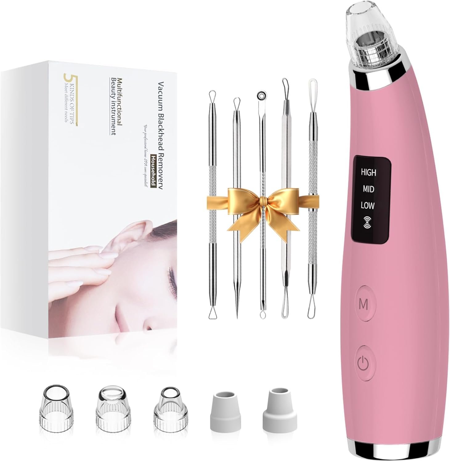 Blackhead Remover Pore Vacuum – Blackhead Remover for Face with 5 Attachments & 3 Suction Levels – Blackhead Vacuum removers for Women & Men (Matte Pink)