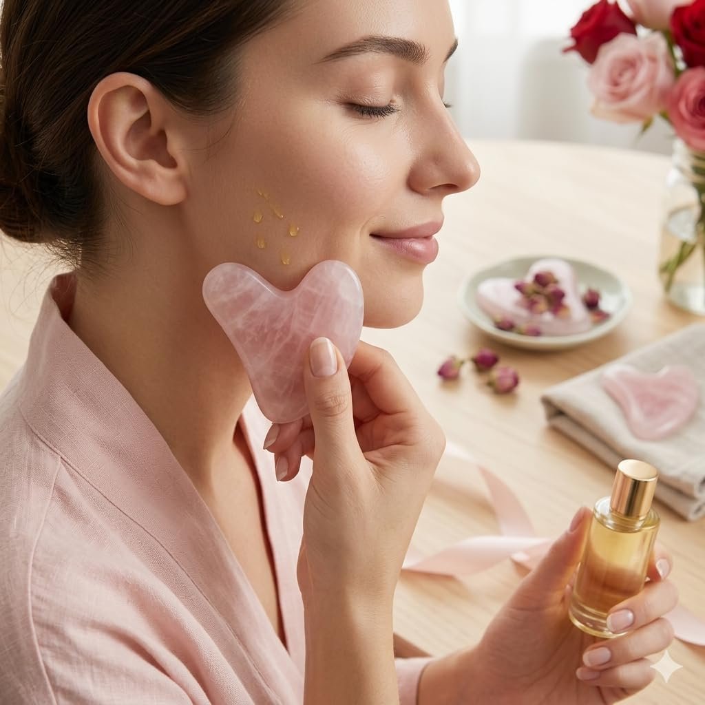 Rose Quartz Gua Sha Stone Set for Face & Body, Pink Crystal Guasha Massage Tool for Facial Sculpting, Lymphatic Drainage and Eye Treatment, Skincare Gift for Women (1pc)