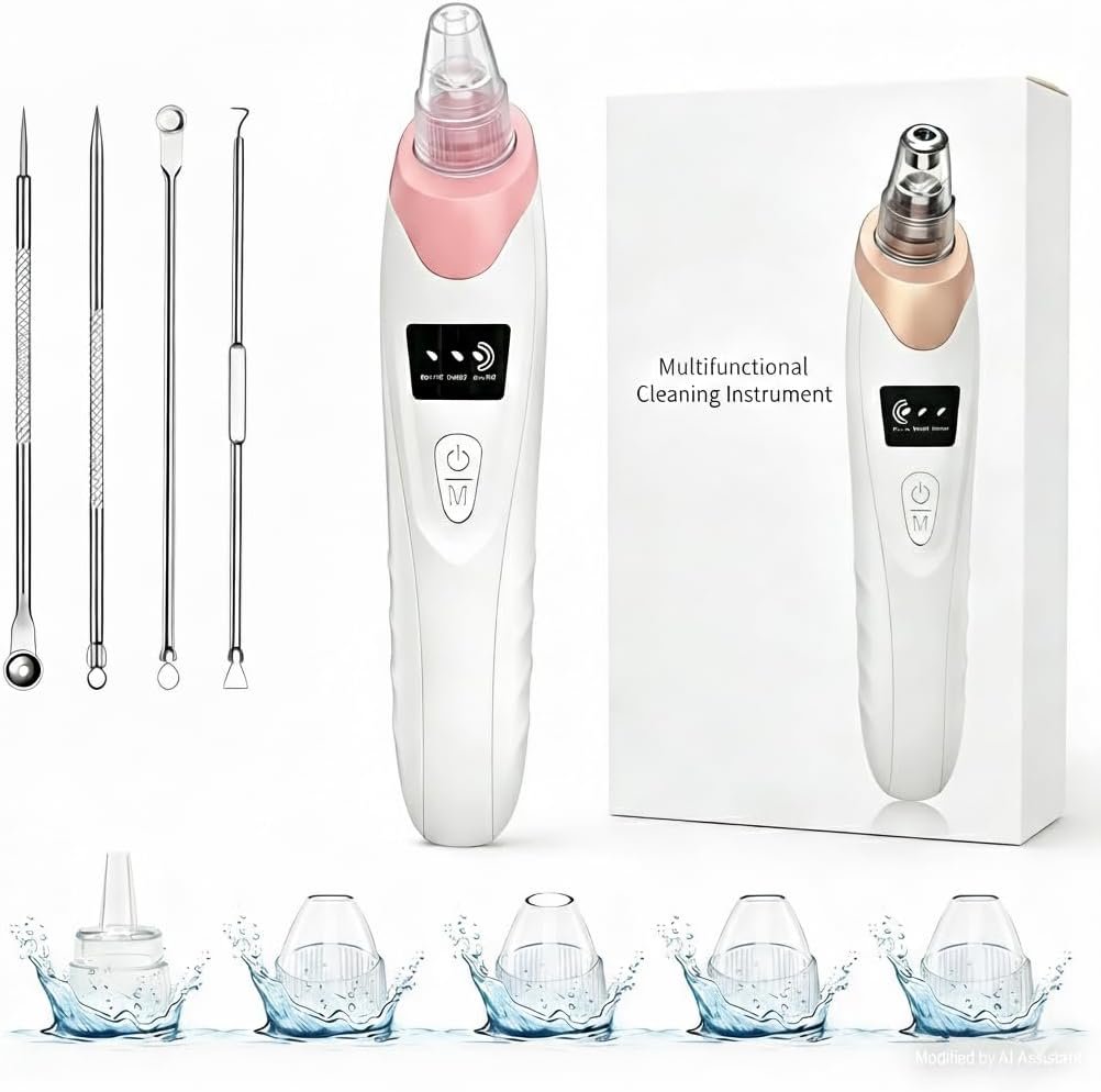 Blackhead Remover for Face, 9-in-1 Pore Vacuum Kit with 5 Probes & 4 Pimple Extractor Tools, Facial Pore Cleaner Vacuum for Nose, Professional Blackhead Suction Tool for Men & Women (Pink)