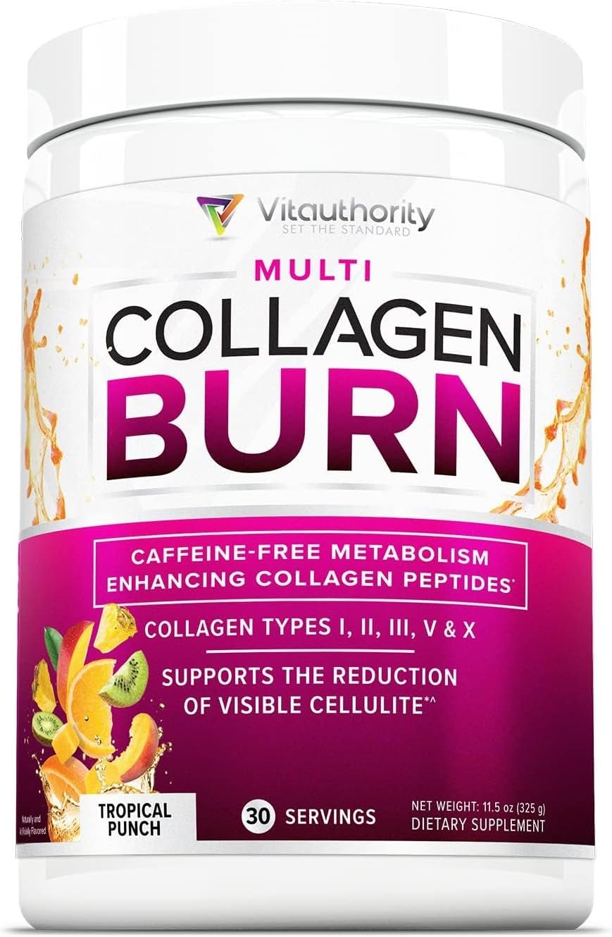 Hydrolyzed Collagen Peptides Powder for Women – Slimming MultiCollagen Burn Ultimate Beauty Complex with Hyaluronic Acid Vitamin C & Types I II III V and X for Women Tropical Punch 30 Servings