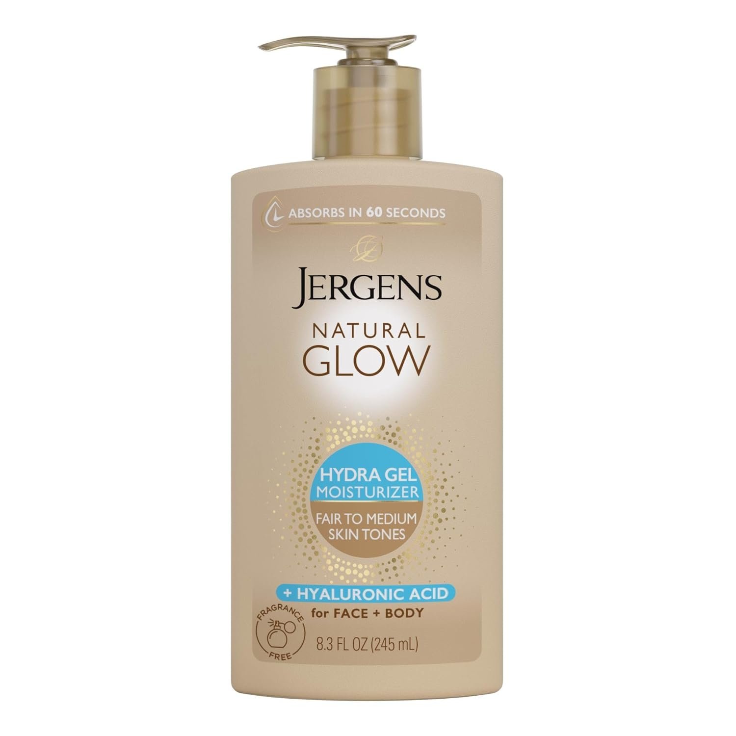 Jergens Natural Glow Hydra Gel Moisturizer, Gradual Tanning Lotion with Hyaluronic Acid, Hydrating Tanning Gel, Fragrance-Free Self Tanner, Fair to Medium Skin Tone, 8.3 Fl Oz