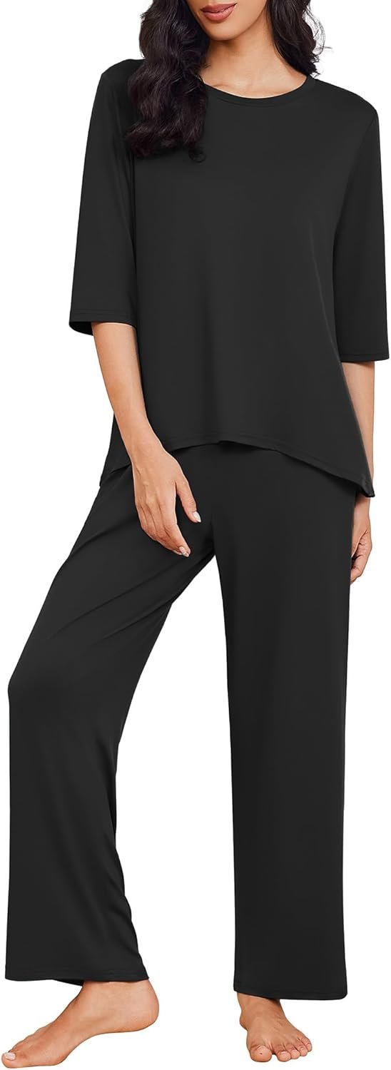 Ekouaer Womens Lounge Sets 2 Piece Pajamas Sets 3/4 Sleeve Tops and Long Pants Soft Pjs Loungewear with Pockets