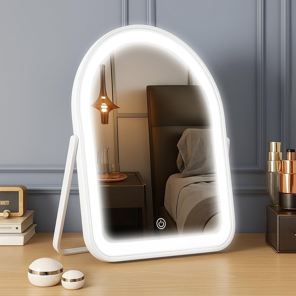 YEKKOPT Rechargeable Vanity Mirror with Lights,10″×7.8″ Arched LED Makeup Mirror with Lights, Smart Touch Control Dimmable 3 Modes Light up Mirror for Dorm Desk Dressing Room,Gift for Women