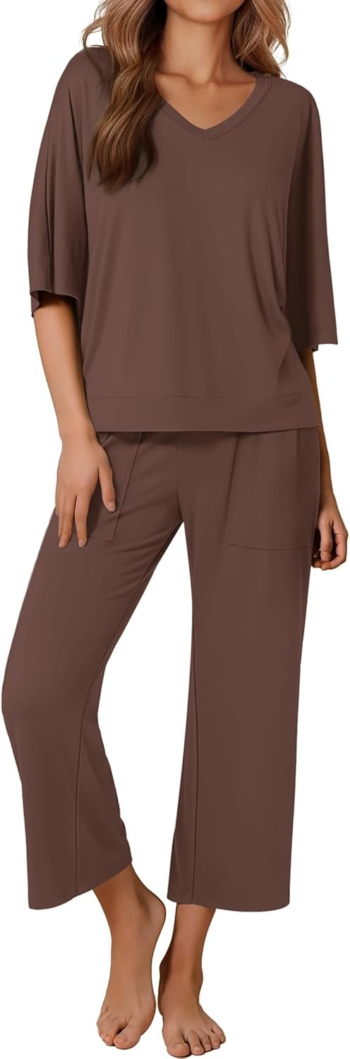 Ekouaer Womens Pajama Sets Lounge Sets for Women Two Piece Outfits Short Sleeve Tops and Wide Leg Pants with Large Pockets