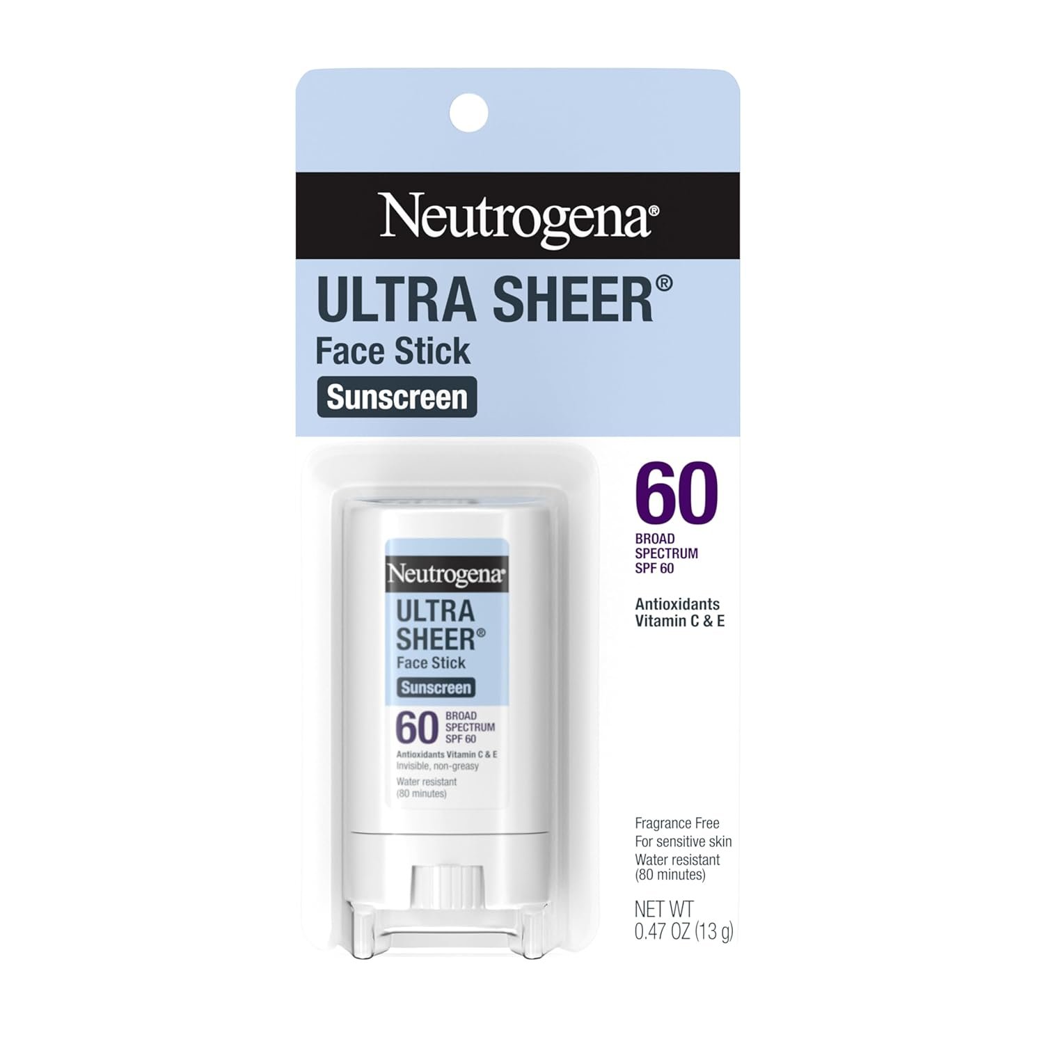 Neutrogena Ultra Sheer Stick Sunscreen for Face SPF 60, Invisible Finish, Broad Spectrum UVA/UVB Sun Protection – Vitamin C & E, Non Greasy, Fragrance Free, Water Resistant 80 Min, Travel Size, .47 oz