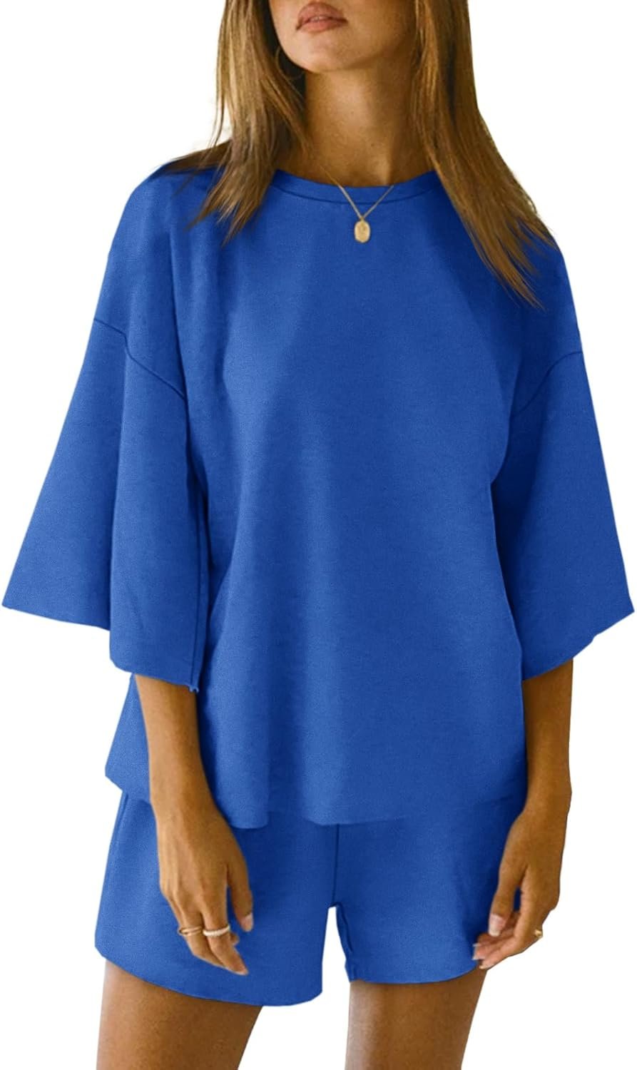 Tankaneo Womens Pajama Sets 3/4 Sleeve Oversized Tops & Loose Fit Shorts Lounge Set with Pockets Loungewear