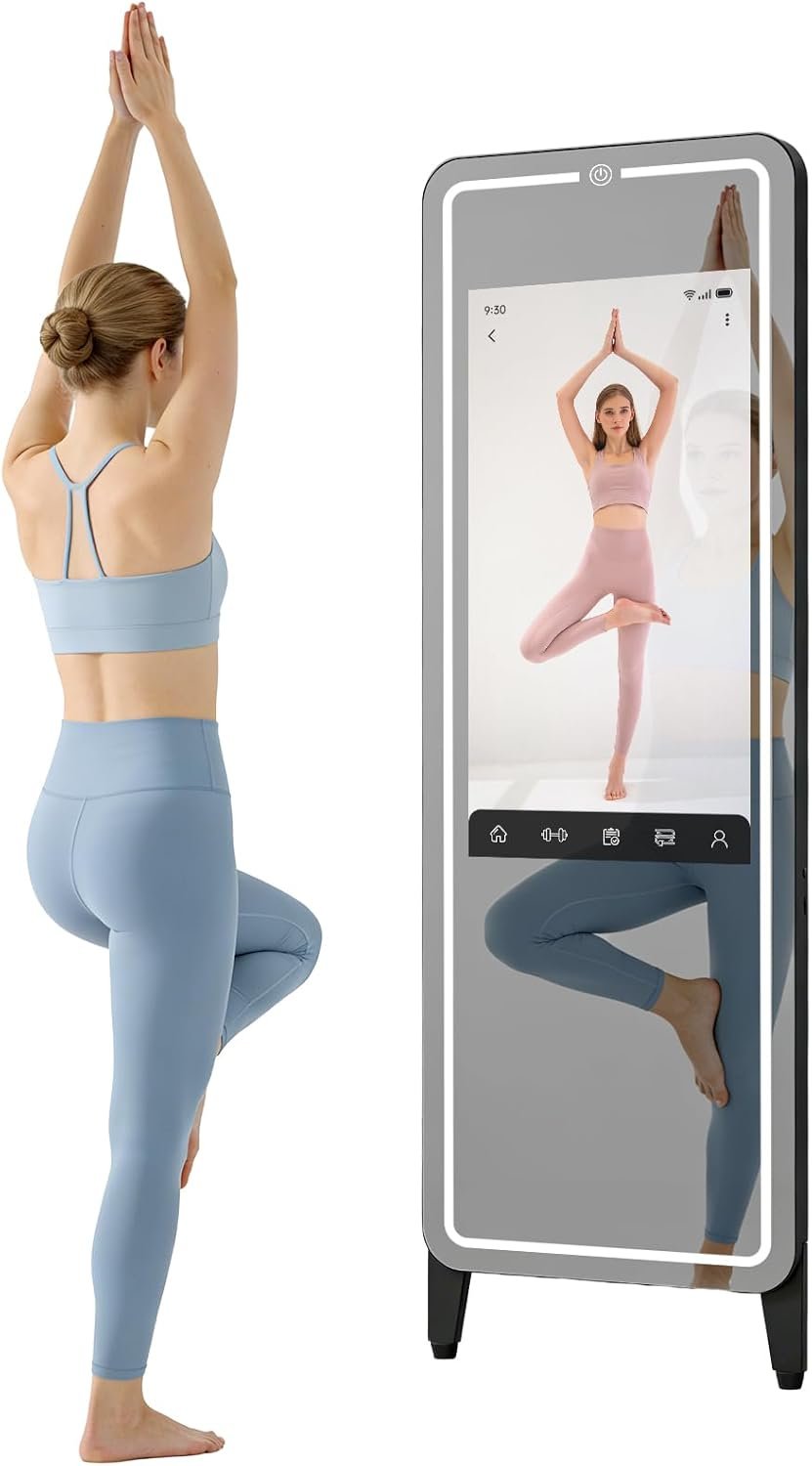 Smart Fitness Mirror for Home Gym Workout, 32″ Touchscreen & Open System, No Subscription Fees, Support Fitness Apps, Wall Mount & Free Standing, Can be Used with Home Workout Equipment