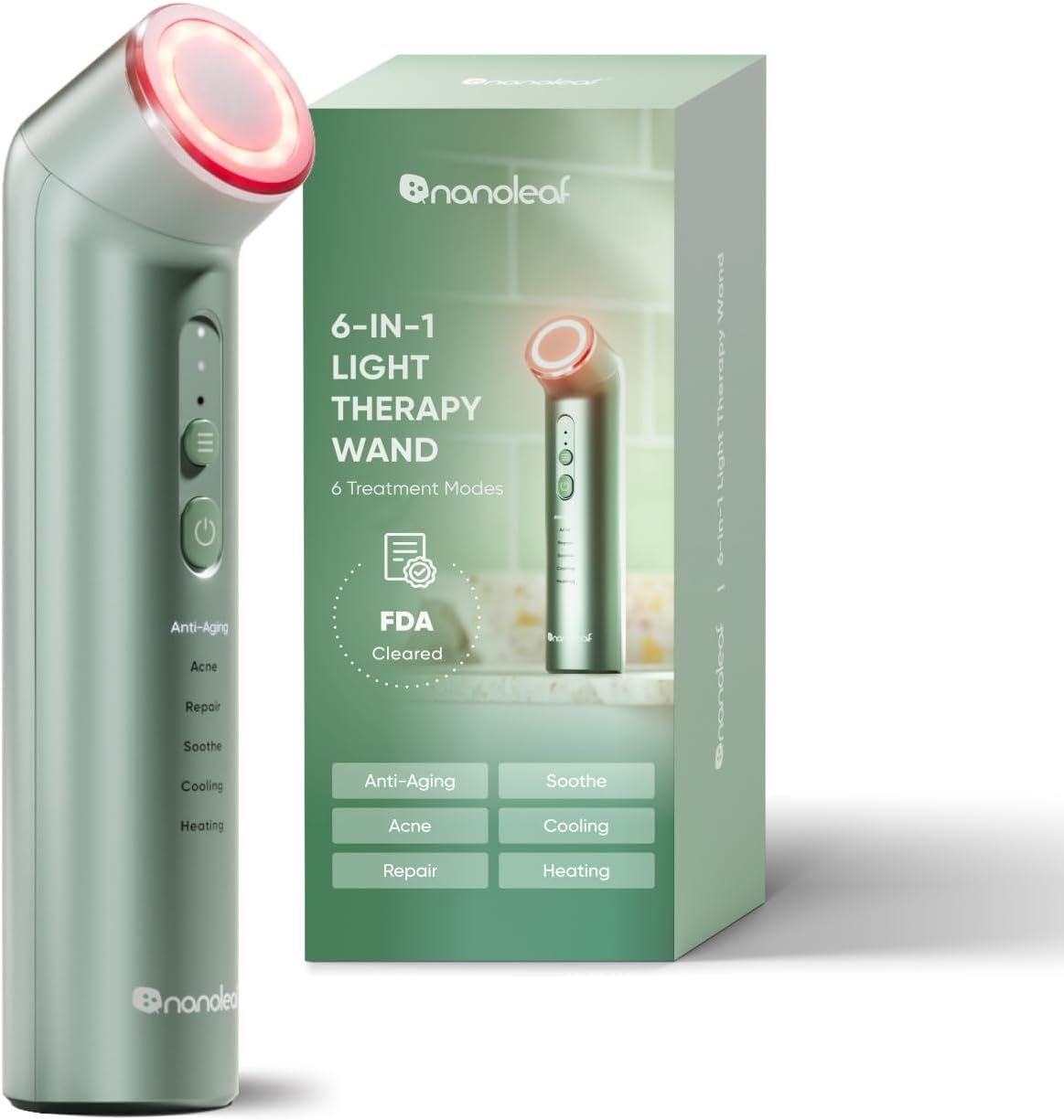 Nanoleaf FDA-Cleared 6-in-1 Light Therapy Wand for Face & Neck, Facial Massager with Red & Blue Light, Vibration, Heat & Cooling, Light Therapy Device for Anti-Aging & Acne