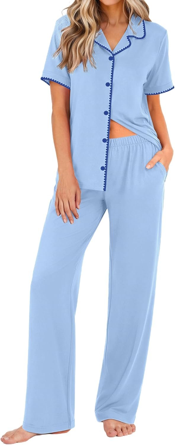 Ekouaer Women’s Pajama Sets Button Down Loungewear Short Sleeve Sleepwear 2 Piece Pants Pjs Set with Pockets S-XXL