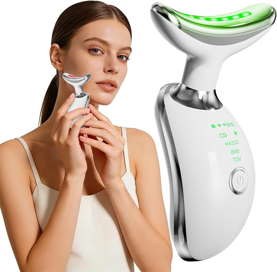 Face and Neck Massager Tool with Heat & 3 Light Therapies, Smart Vibration, Red-Light-Therapy and EMS Modes, Gua Sha Facial Tools for Face and Neck Skin Care and TMJ Relief (White)