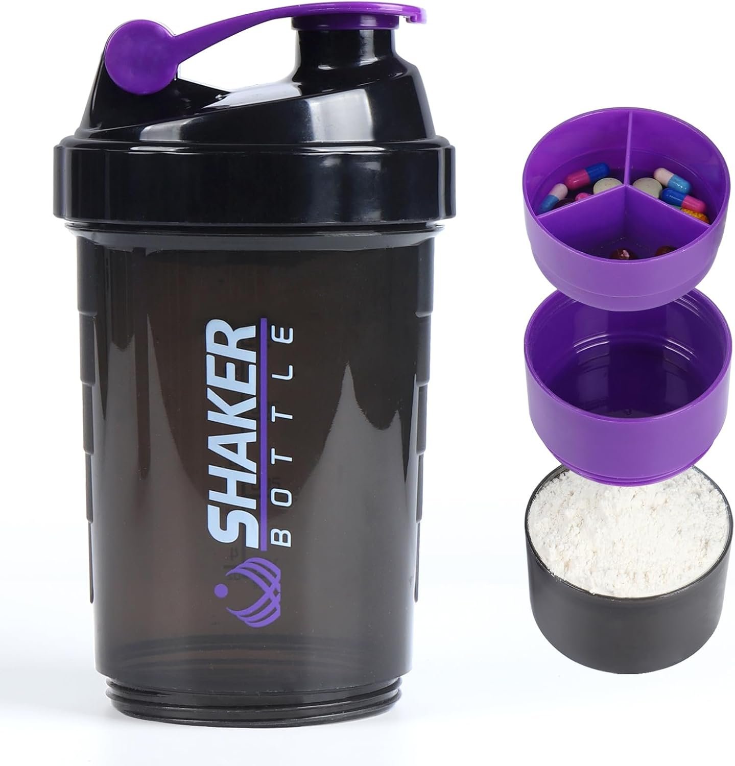 Protein Shaker Bottle,Sports Water Bottle,Leak Proof Shake Bottle For Protein Mixer,Non Slip 3 Layer Twist Off 3oz Cups with Pill Tray,Workout Shaker Bottle 16oz,Purple