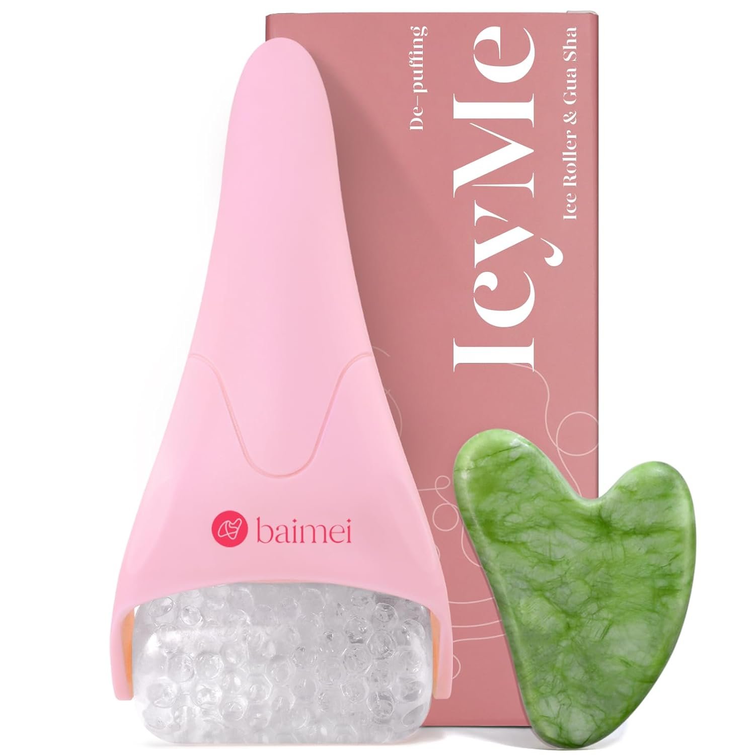 BAIMEI IcyMe Ice Roller for Face and Gua Sha Facial Tool Set, Ice Face Roller Reduces Puffiness Relieves Migraines Skin Care Tools, Self Care for Women – Pink