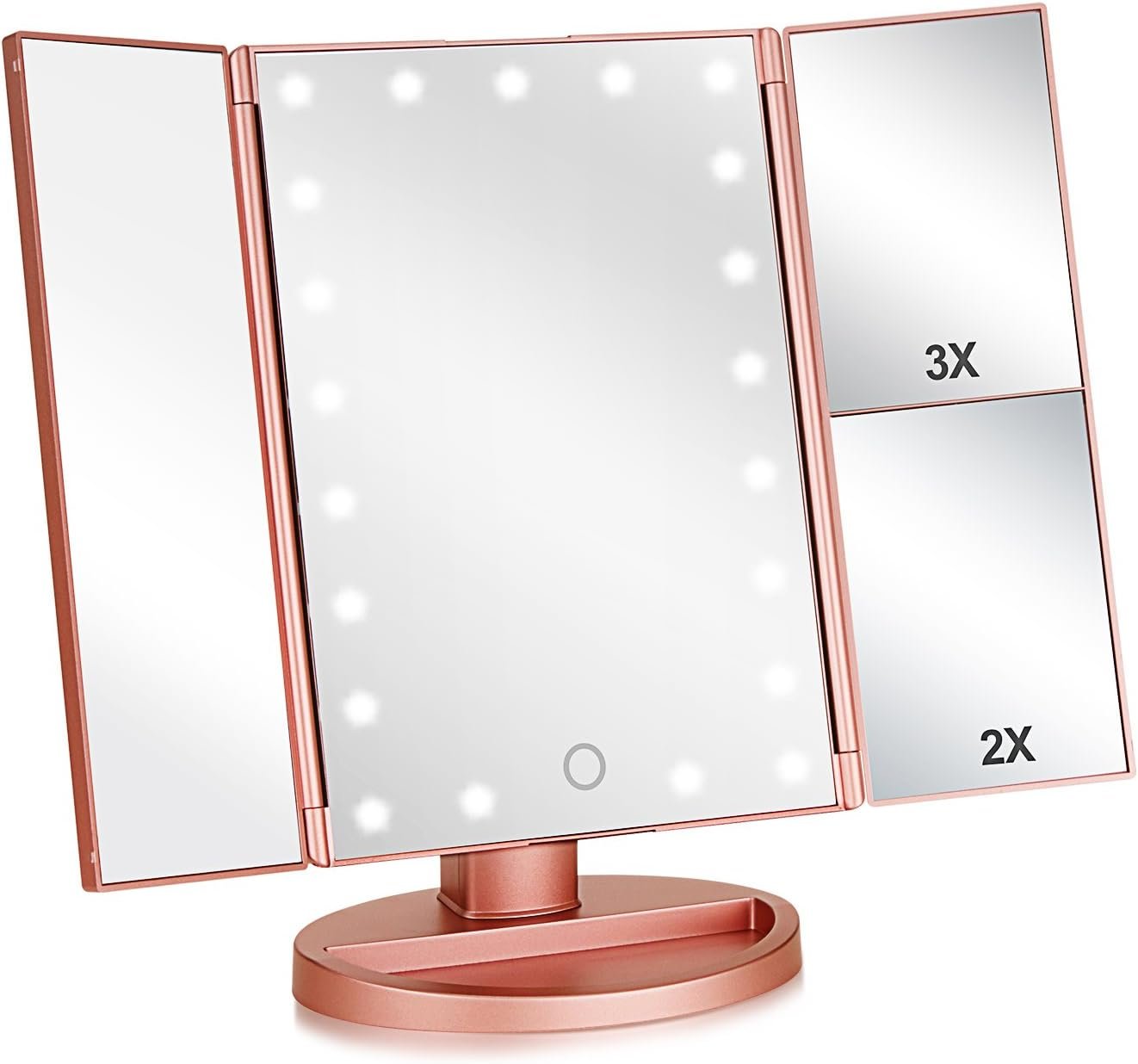 Flymiro Tri-fold Lighted Vanity Makeup Mirror with 3x/2x Magnification,Light up Mirror for Makeup,Touch Screen 21 LEDs,180° Rotation Countertop Cosmetic Mirror,Gifts for Women Mom Teen Girls