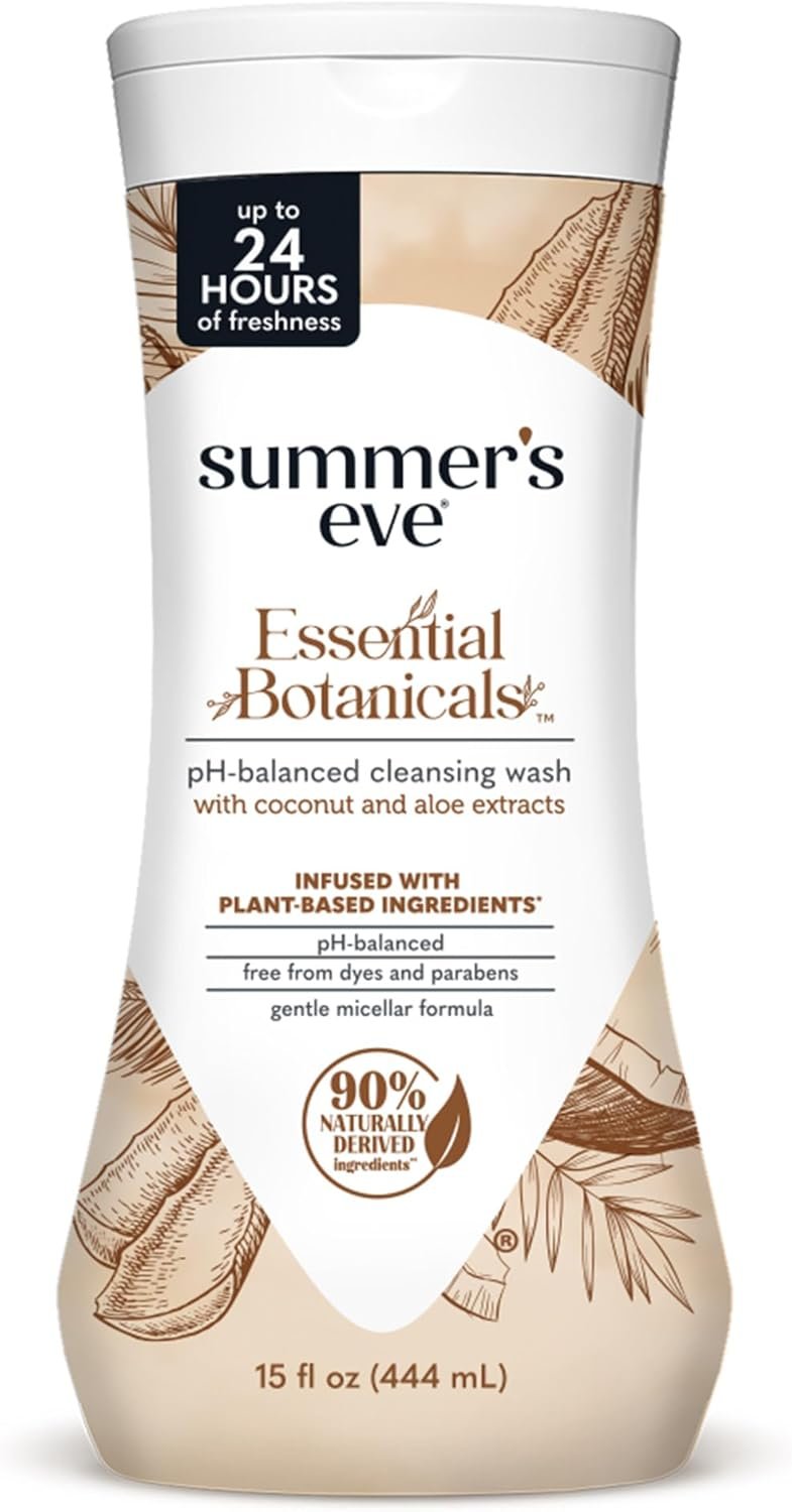 Summer’s Eve Essential Botanicals Daily Feminine Wash, Coconut Aloe, Gentle pH-Balanced Body Wash for Women, Feminine Care to Remove Vaginal Odor, Gynecologist Tested, 15 fl oz