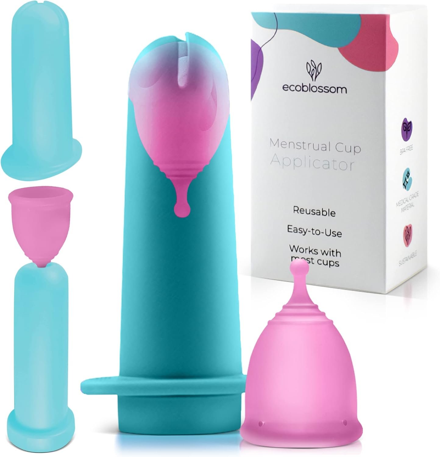 Ecoblossom Menstrual Cup Applicator Tool – Comfortable & Easy Insertion – Hygienic & Reusable – Compatible with Most Period Cups – Teal (Must be Used with Lubricant)