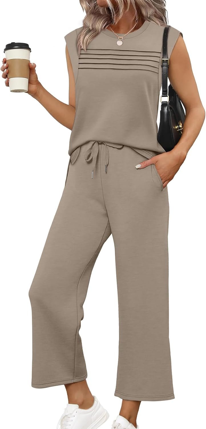 WIHOLL Two Piece Sets for Women Summer Spring Lounge Sets Travel Vacation Outfits Cap Sleeve Side Slit Wide Leg Pants S-3XL