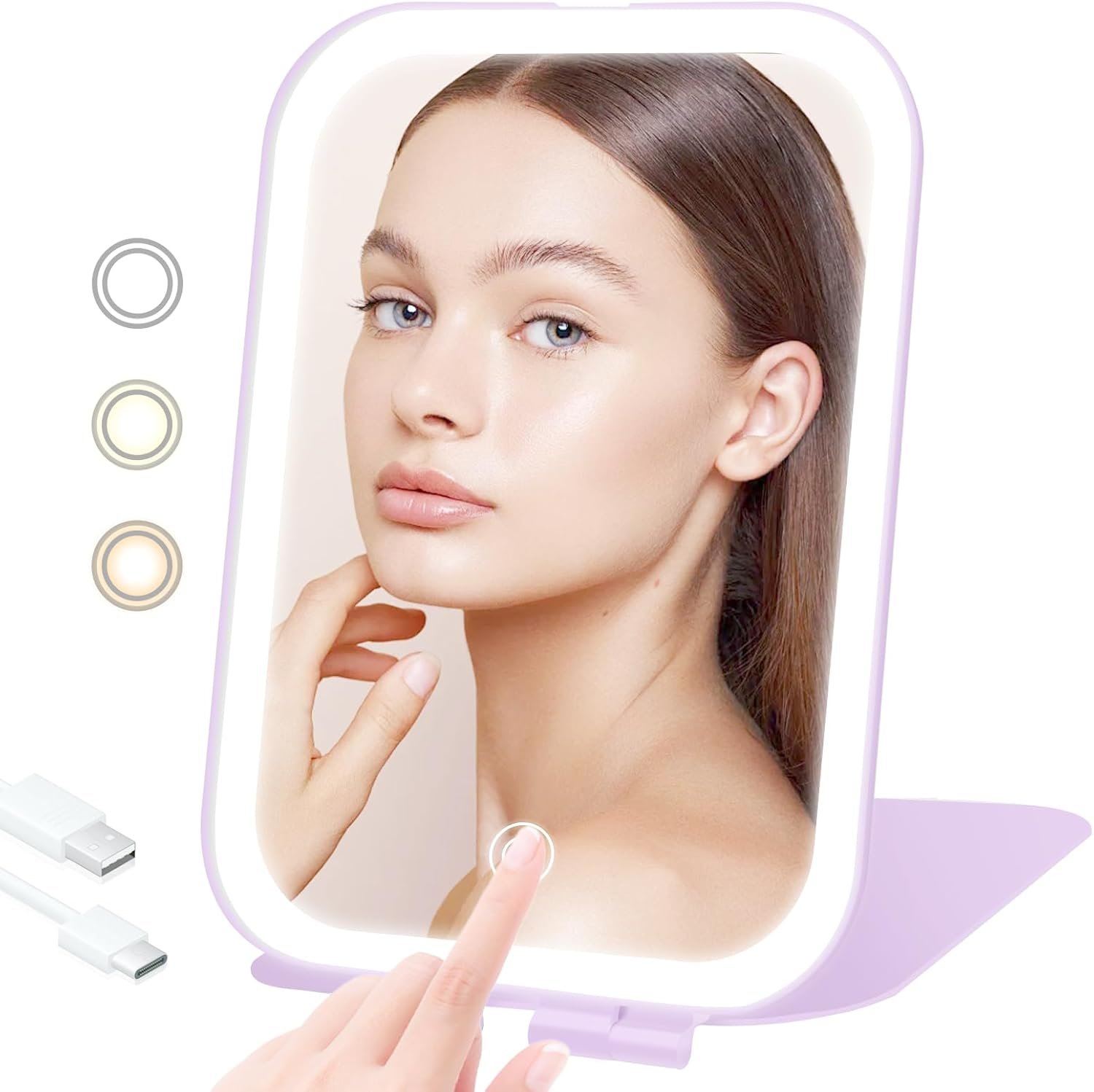 Travel Makeup Mirror, Portable Mirror with 3 Adjustable Light Settings, USB-Rechargeable Vanity Mirror with Lights, Gift for Women and Girls (Purple)