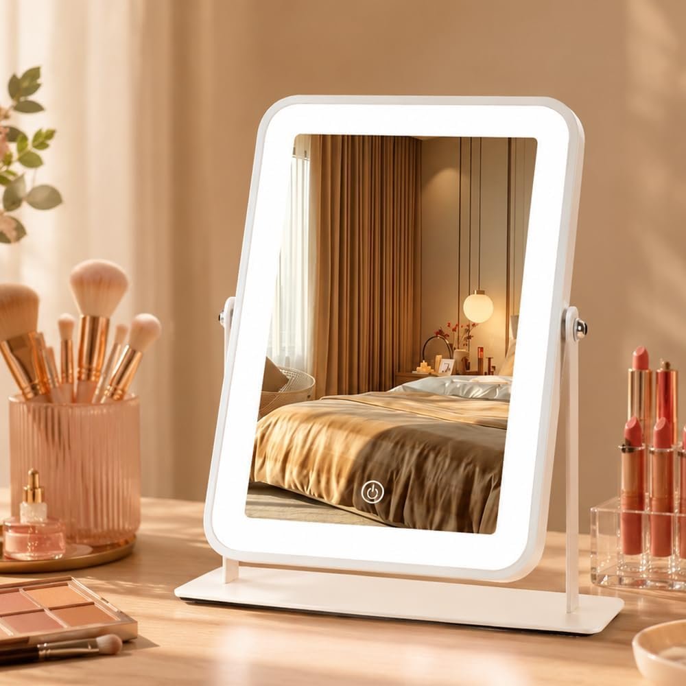 9″x11″ Rechargeable Desktop Makeup Mirror with LED Lights, Adjustable Brightness Lighted Vanity Mirror, Tabletop Mirror for Bedroom, Gifts for Women with 3-Color Smart Touch Dimmable Lighting