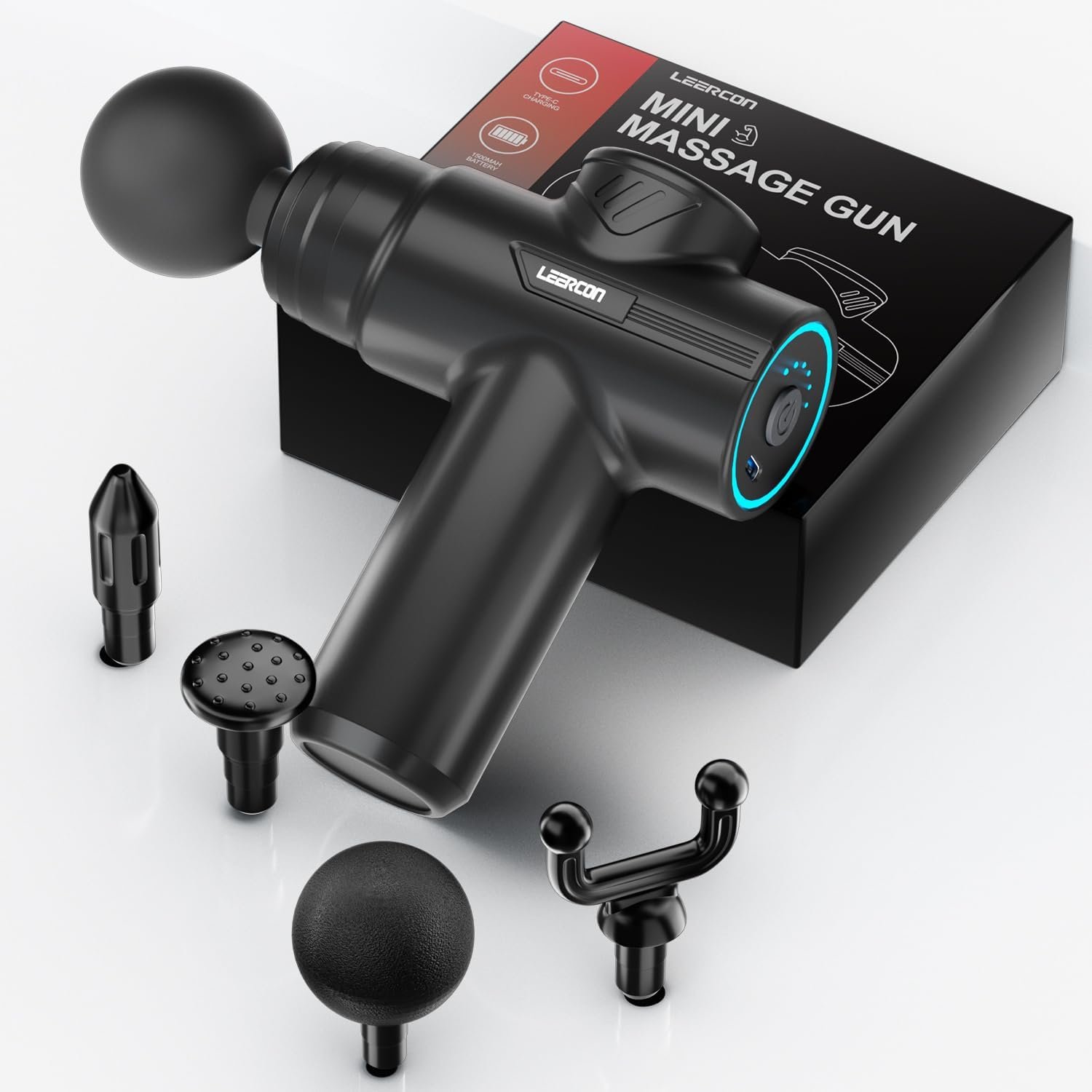 LEERCON Mini Massage Gun for Deep Tissue Pain Relief, Handheld Portable Percussion Muscle Massager with 6 Speeds & 4 Heads, Fascial Gun for Gym, Office & Travel – Gift for Dad, Mom, Athletes
