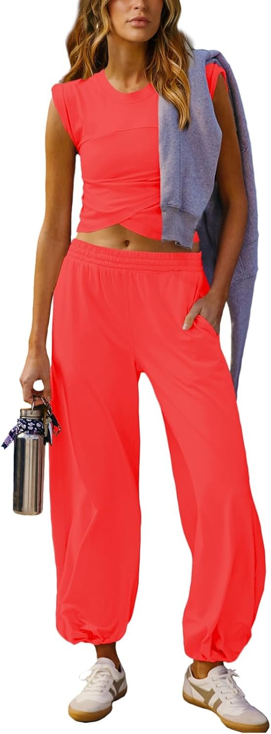 Outfeel Women 2 Piece Outfit Set Loungewear Cropped Tops and Jogger Sweatpant Matching Set Coordinated Sweatsuit with Pockets